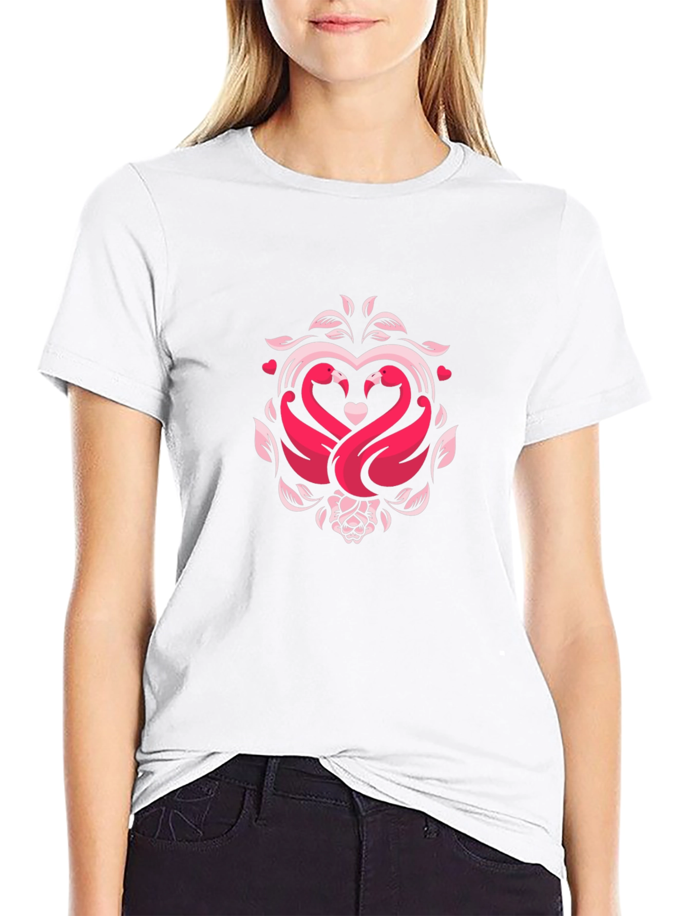 Romantic Swan Heart Graphic Black T-Shirt