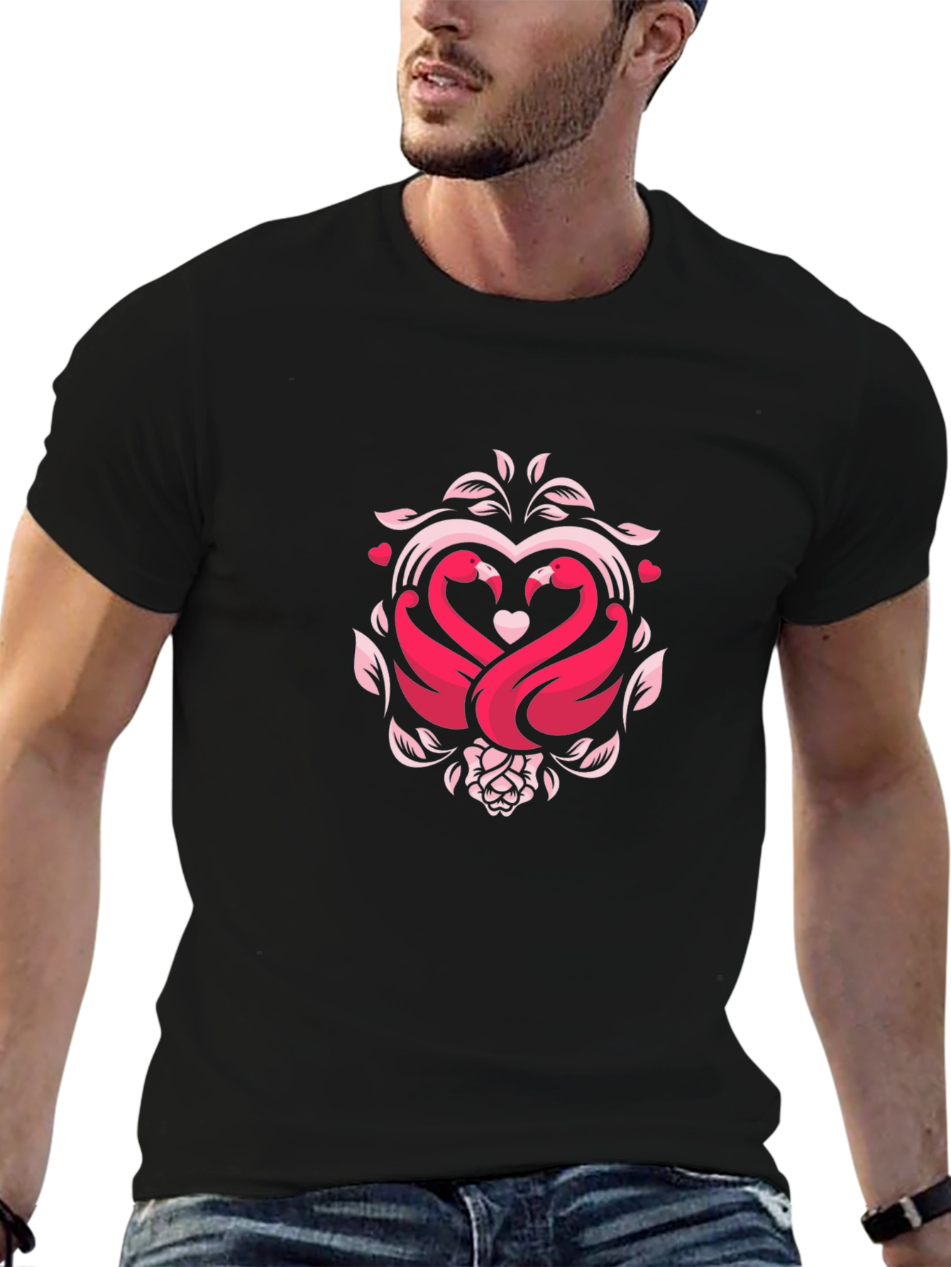 Romantic Swan Heart Graphic Black T-Shirt