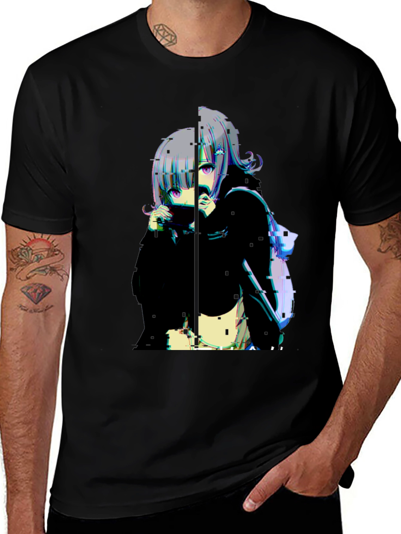 Anime Glitchcore Black T-Shirt