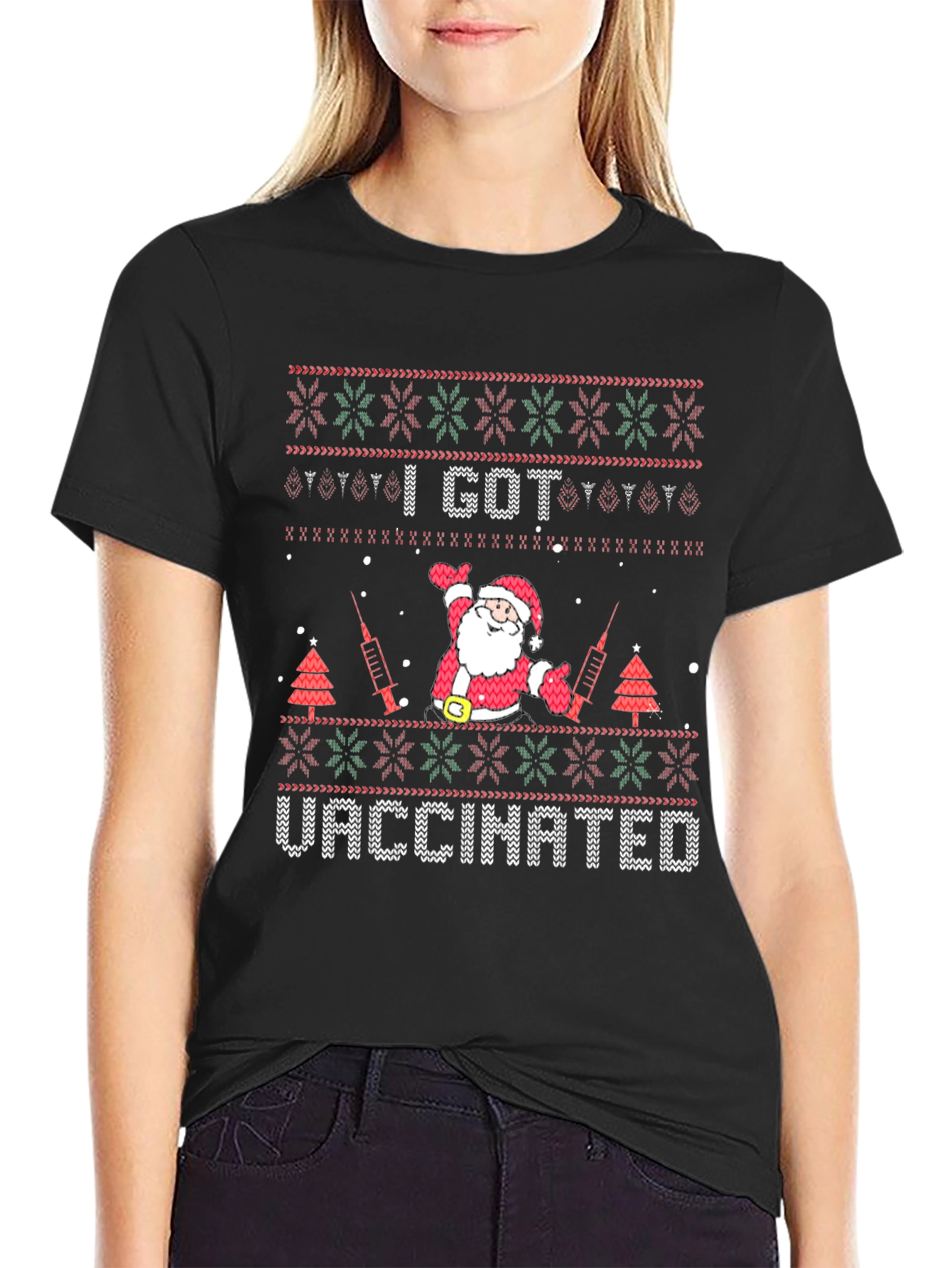 I Got Vaccinated Christmas Santa Black Tee