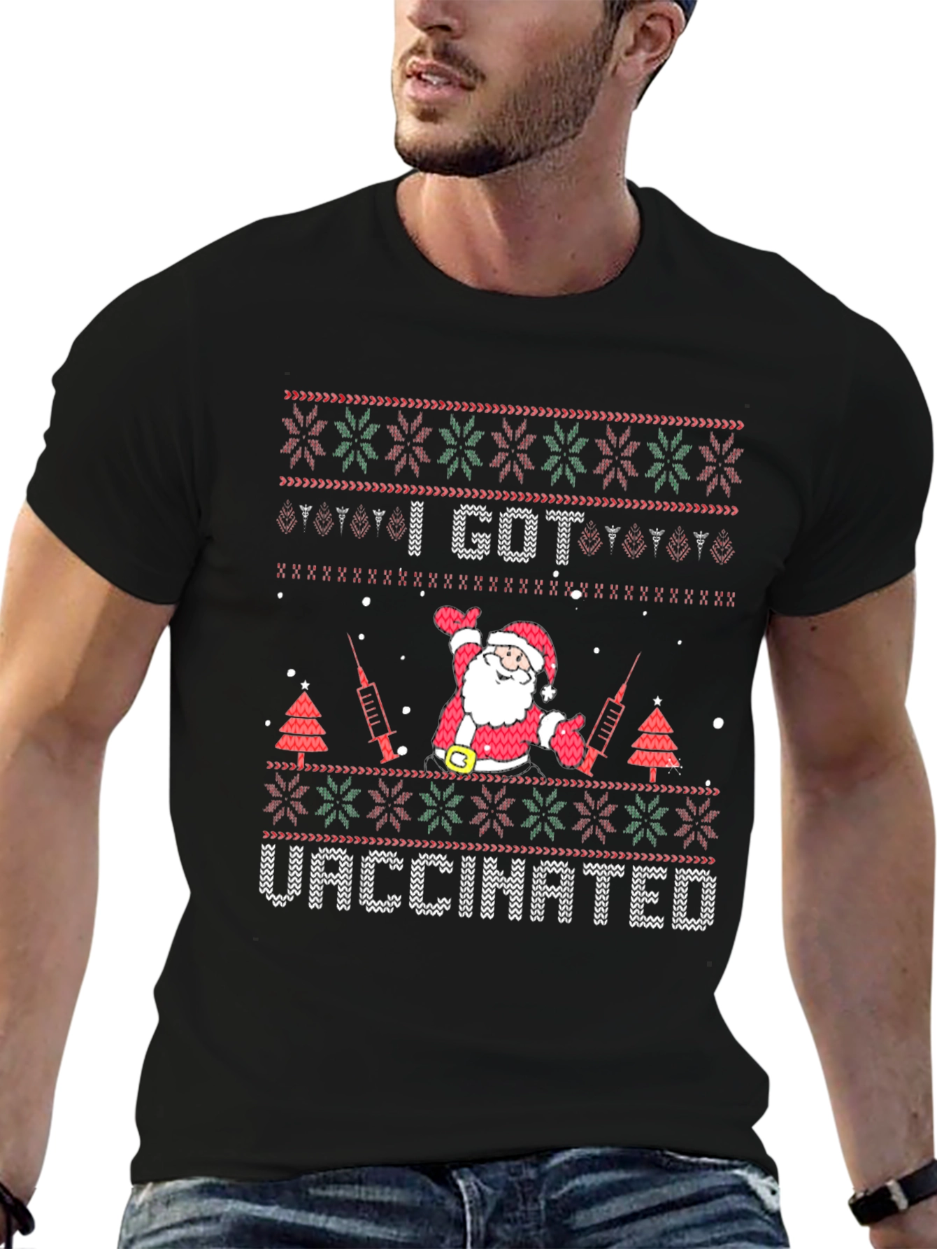 I Got Vaccinated Christmas Santa Black Tee