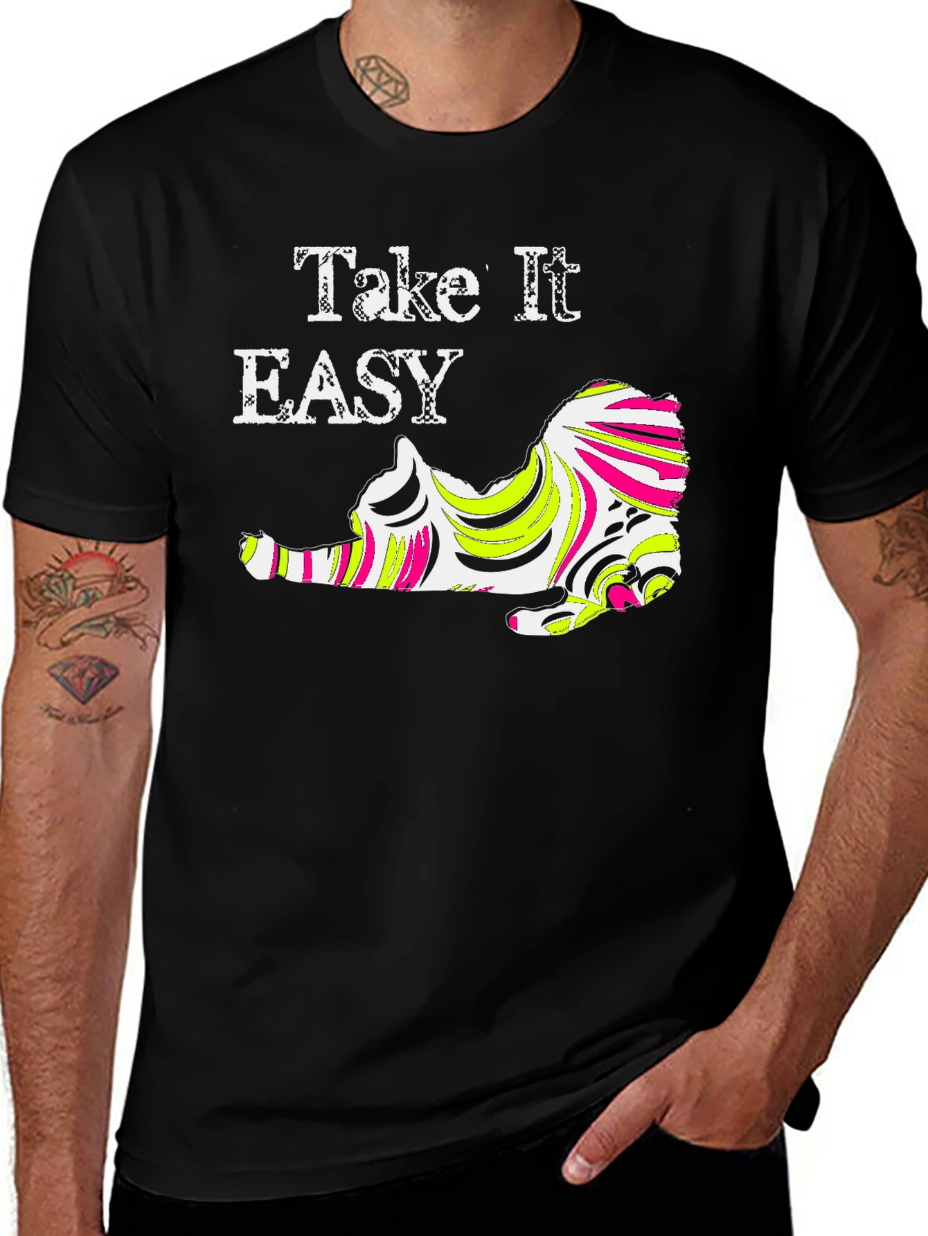 Take It Easy Cat Graphic Tee - Black
