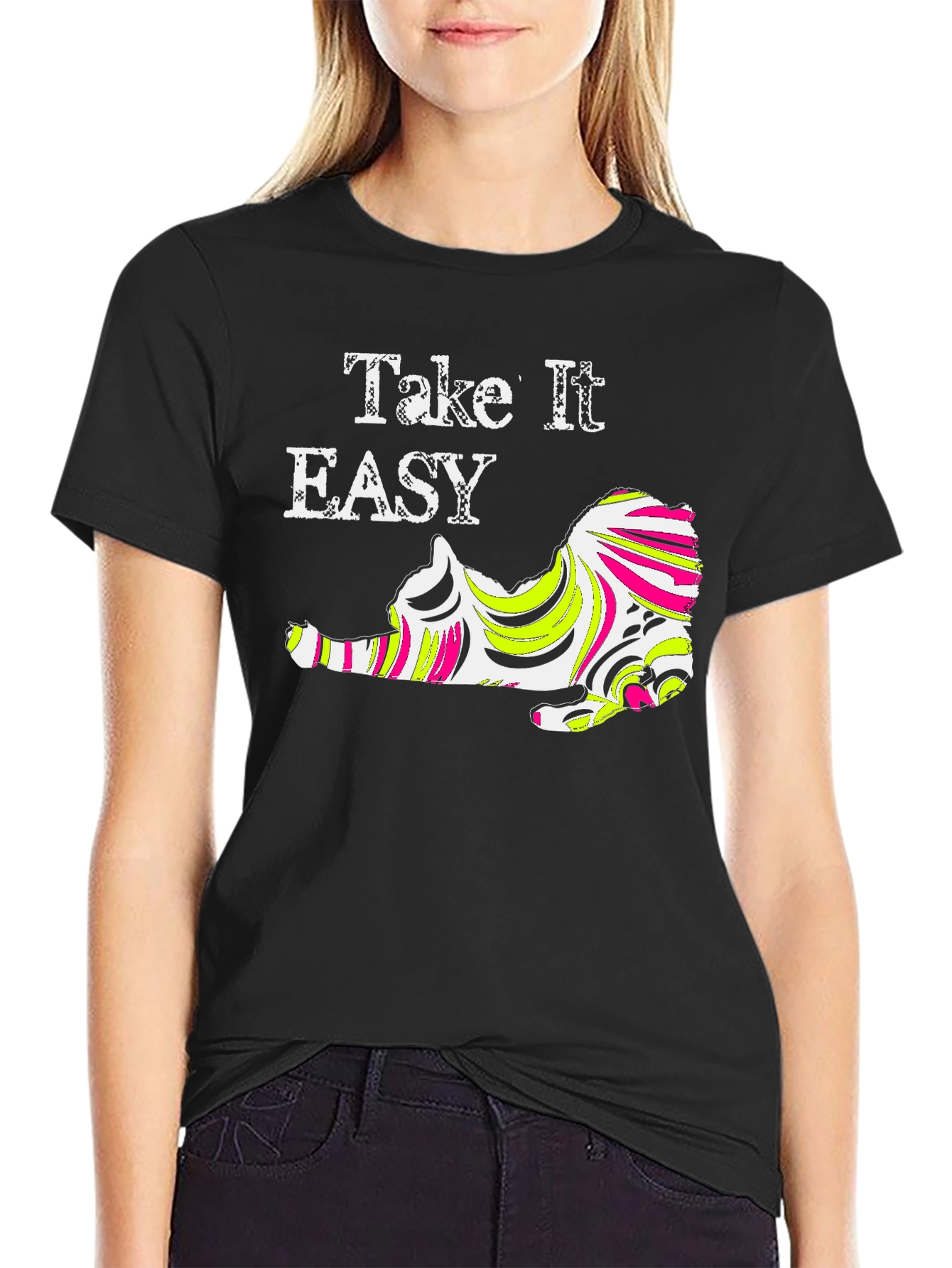 Take It Easy Cat Graphic Tee - Black