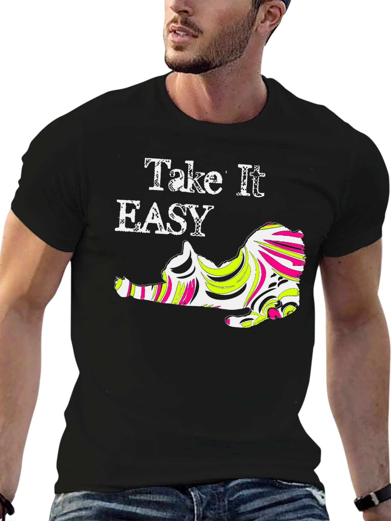 Take It Easy Cat Graphic Tee - Black