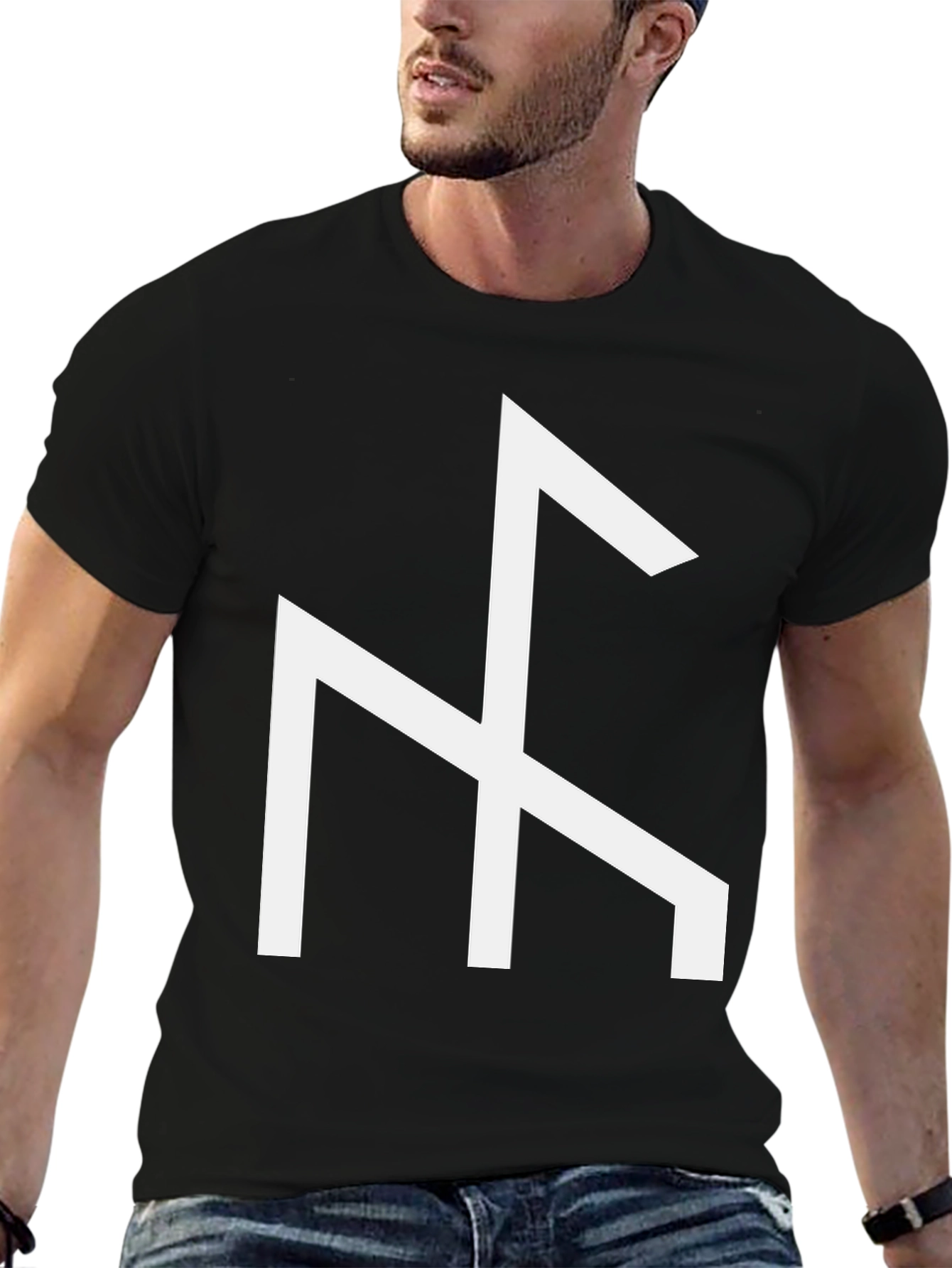 Black T-Shirt with White Viking Rune Symbol