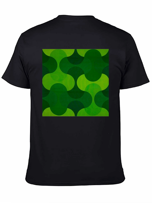 Retro Green Geometric Print Black T-Shirt