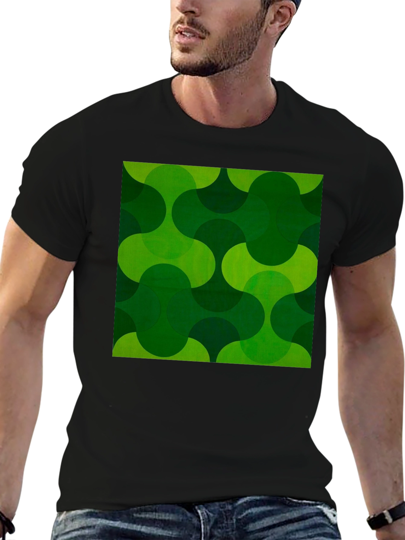 Retro Green Geometric Print Black T-Shirt