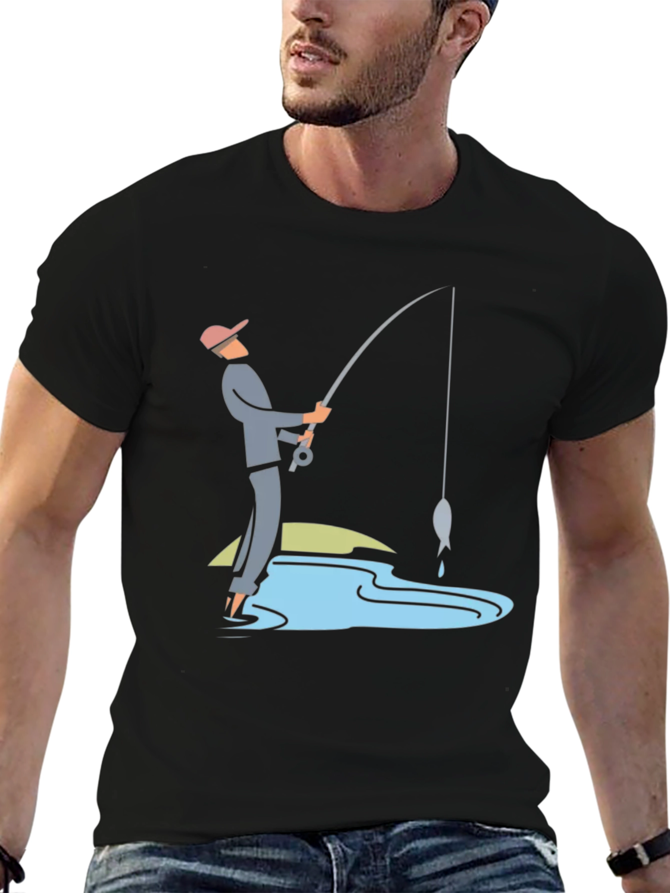 Fishing Graphic Tee - Black Cotton Casual Shirt