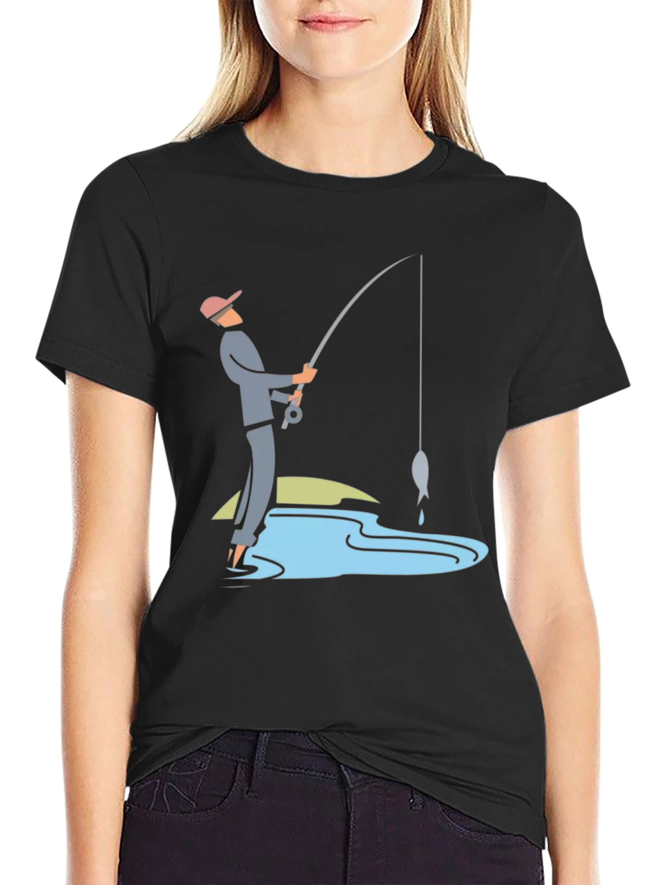 Fishing Graphic Tee - Black Cotton Casual Shirt