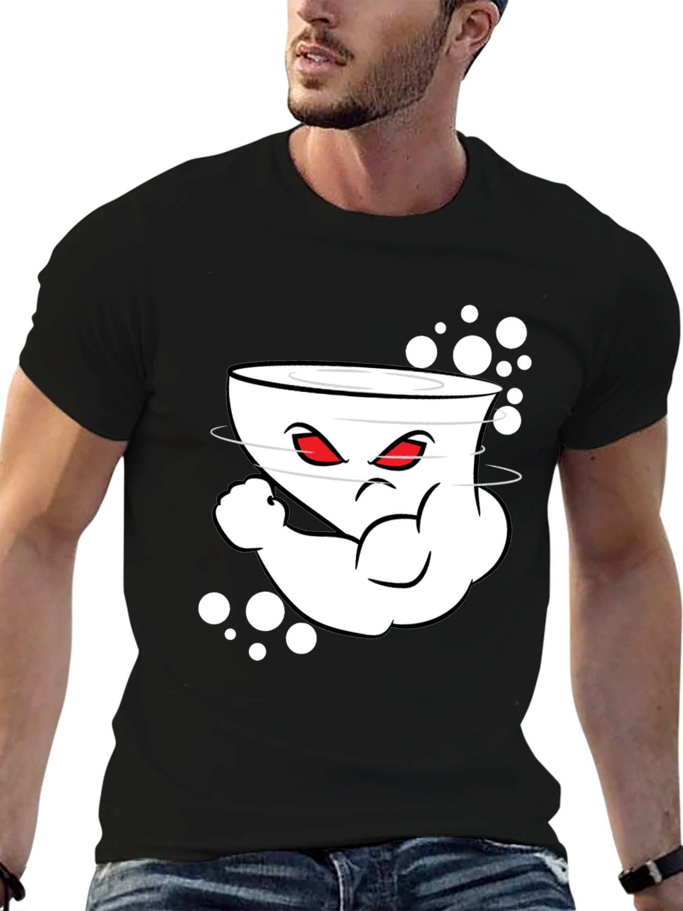 Mens Black Cartoon Graphic Crew Neck T-Shirt
