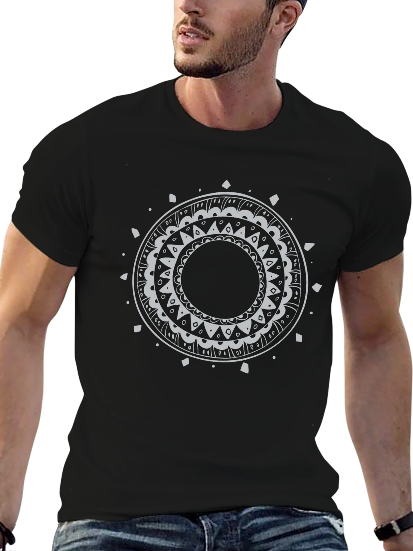 Black Tee with Circular Mandala Design