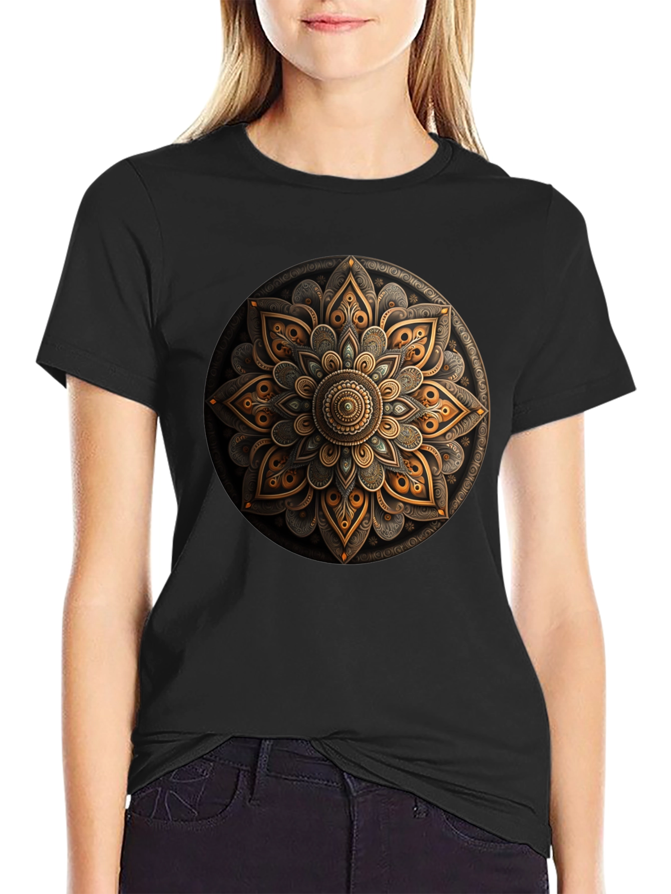 Mandala Art Graphic Print Black T-Shirt