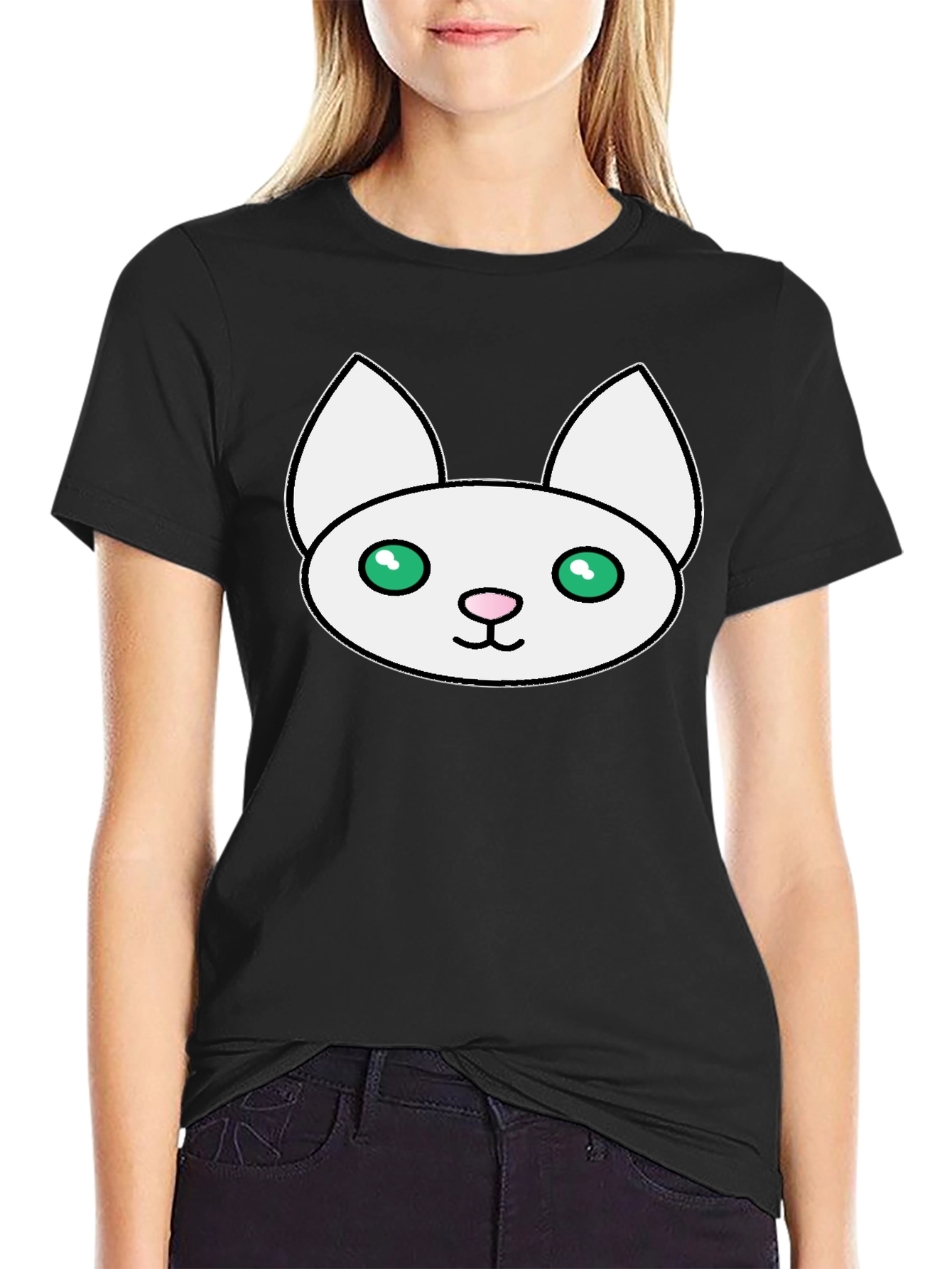 Cute Cat Face Graphic Black T-Shirt
