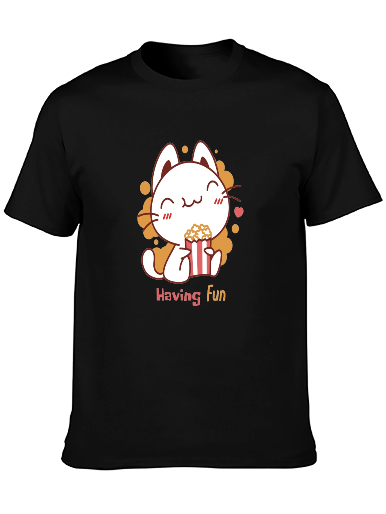 Cute Cat Popcorn Black T-Shirt