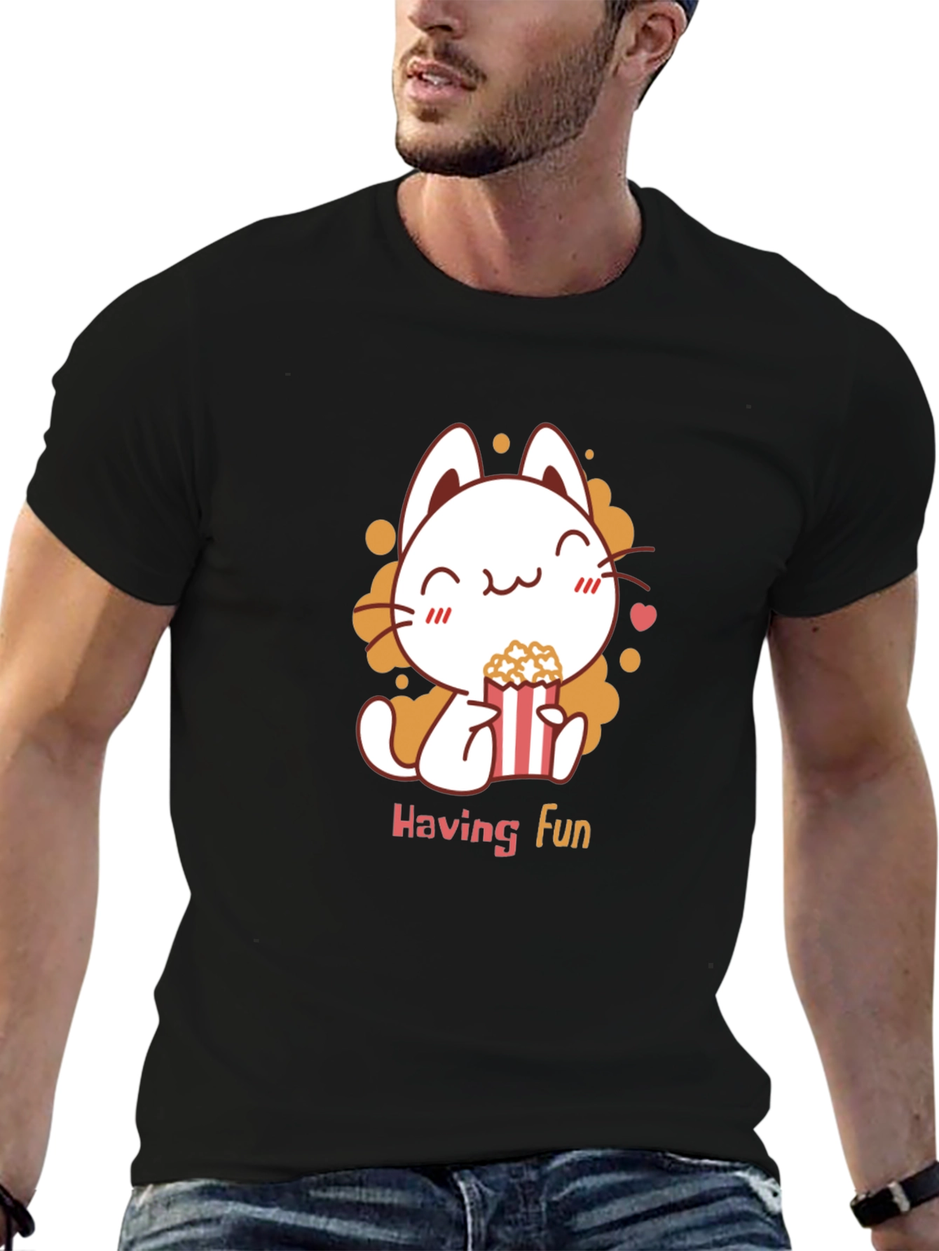 Cute Cat Popcorn Black T-Shirt