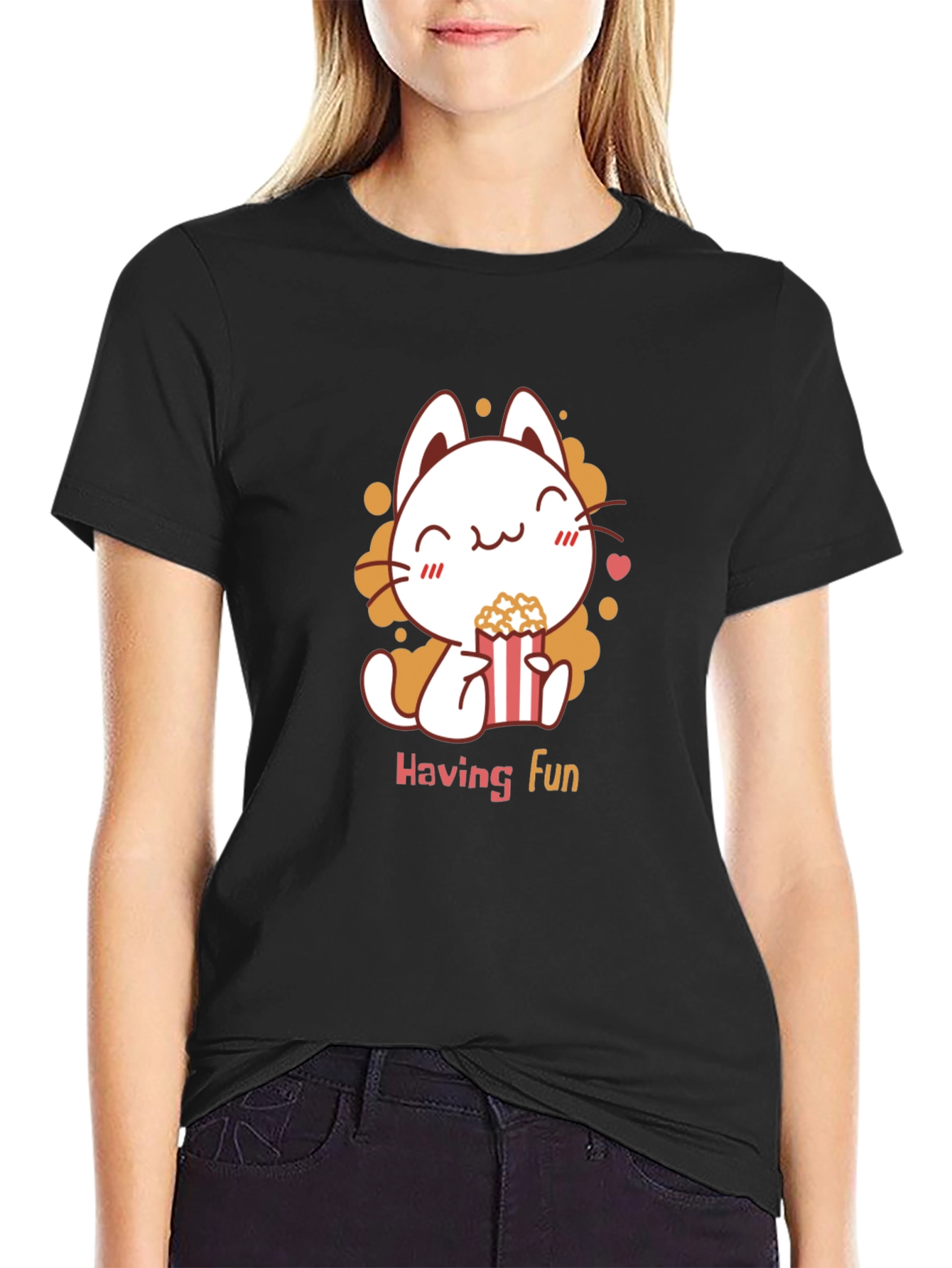 Cute Cat Popcorn Black T-Shirt