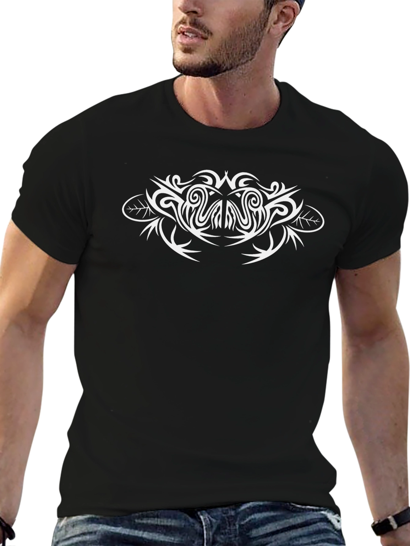 Mens Black T-Shirt with White Tribal Design