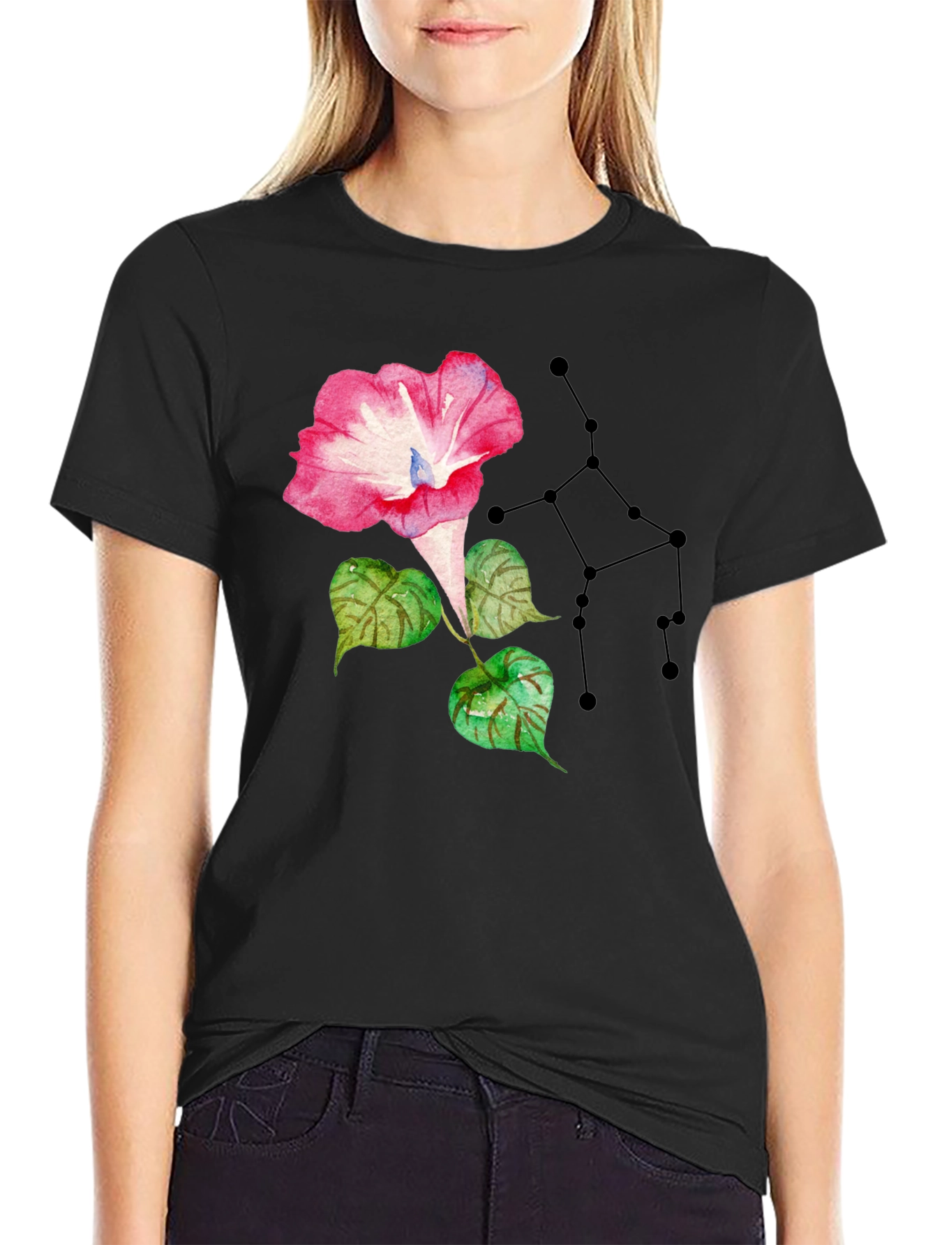 Floral Constellation Graphic Tee - Stylish Black T-Shirt