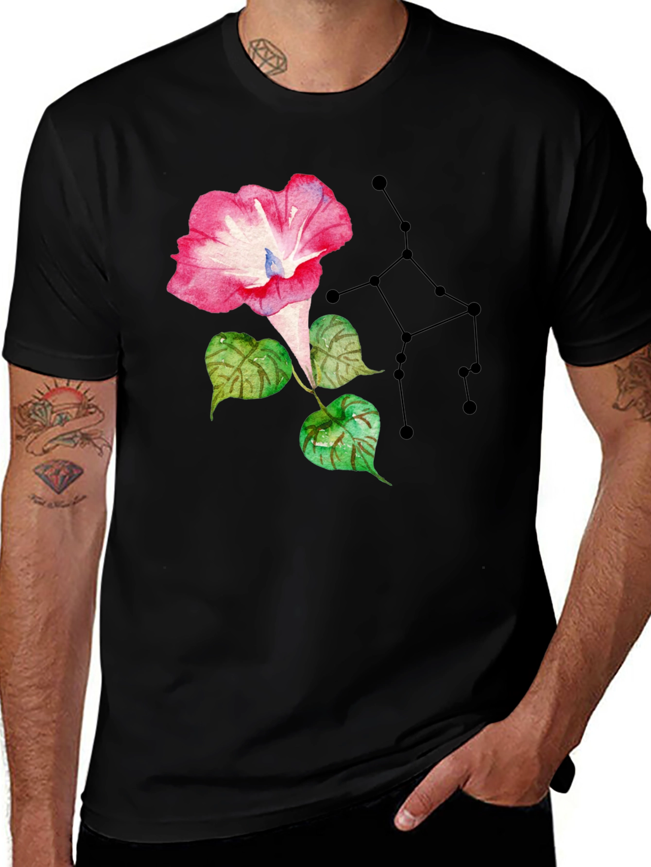 Floral Constellation Graphic Tee - Stylish Black T-Shirt