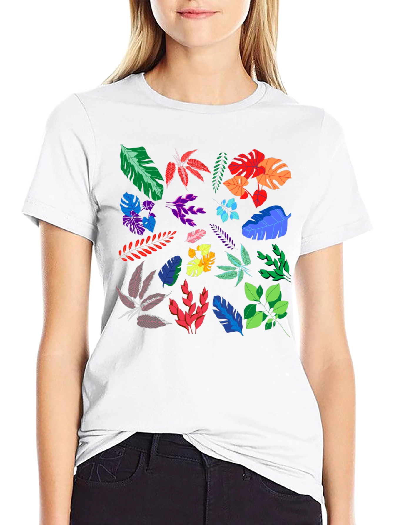 Tropical Leaves Print Black T-Shirt