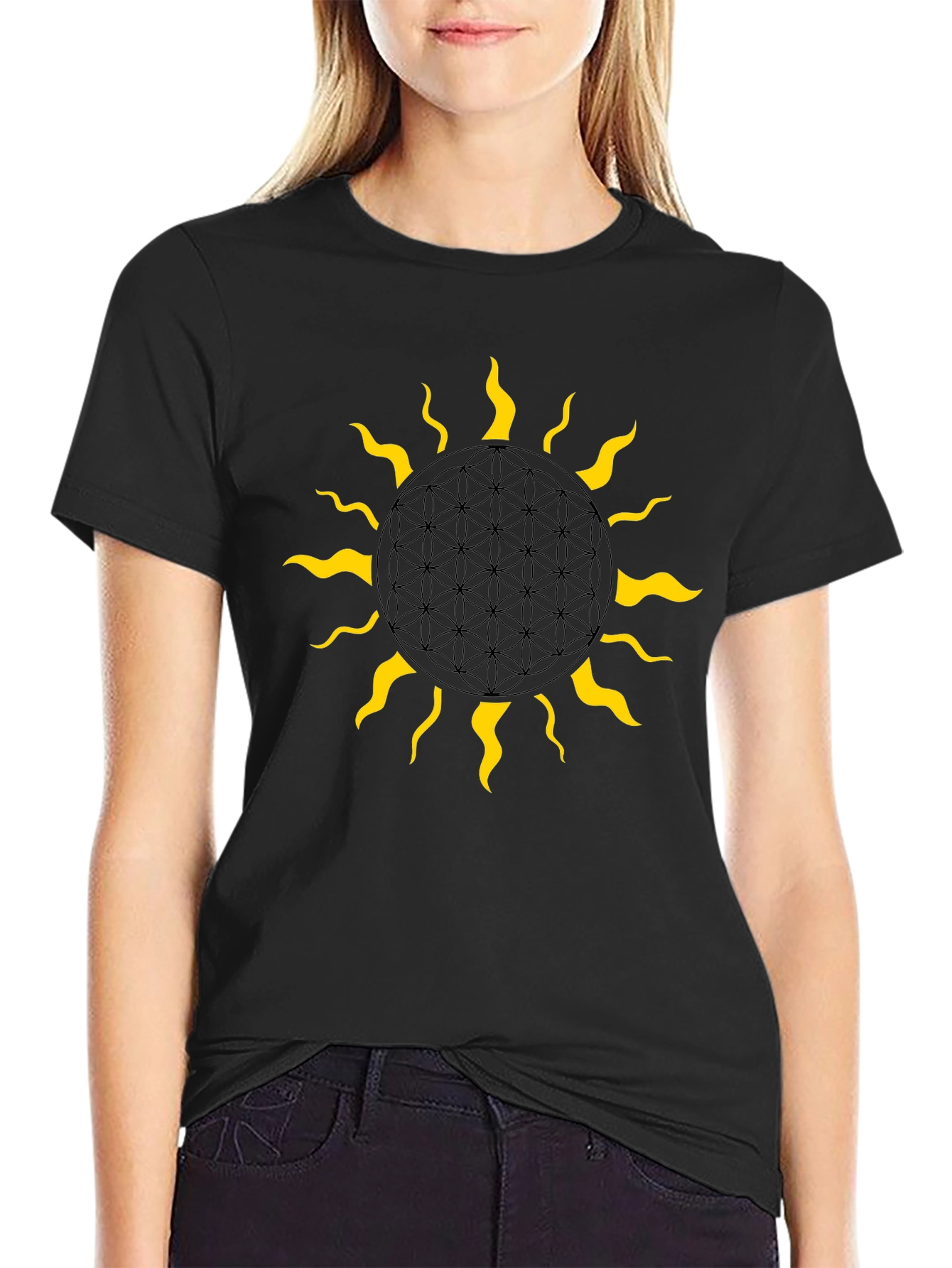 Geometric Sun Graphic Tee - Black Cotton Blend