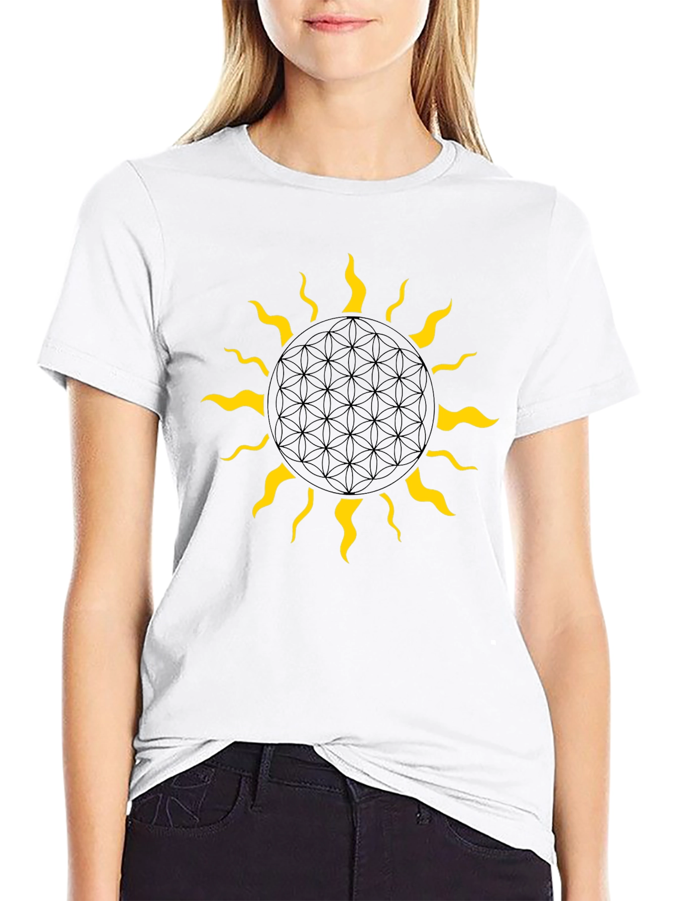 Geometric Sun Graphic Tee - Black Cotton Blend
