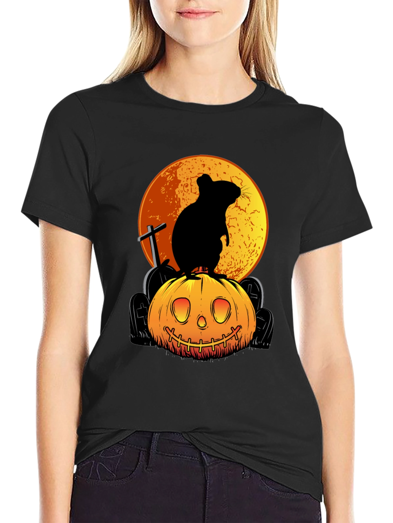 Halloween Rat on Pumpkin Graphic Tee
