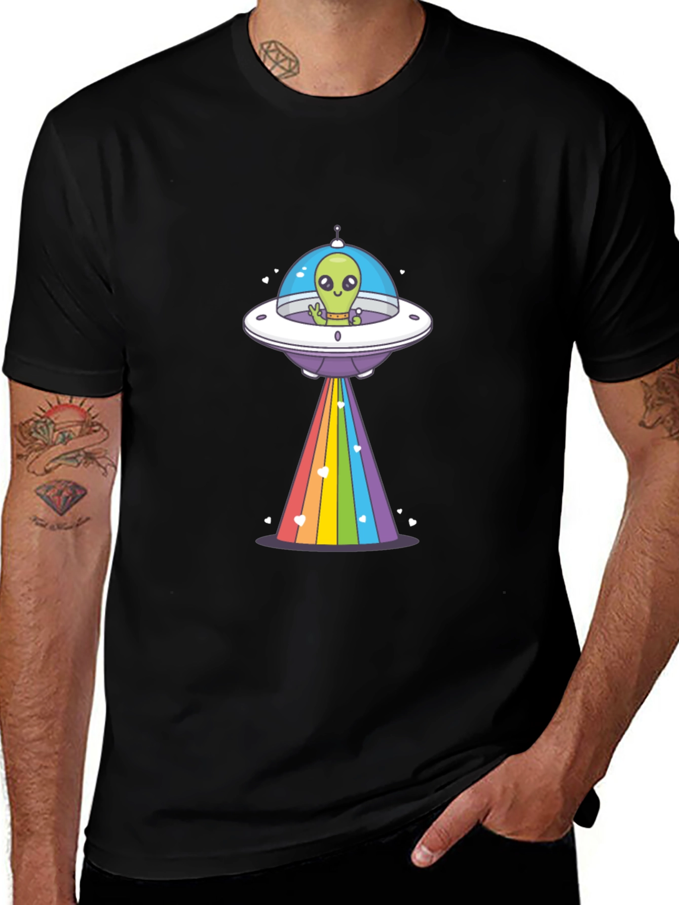 Alien UFO Rainbow Beam Graphic T-Shirt