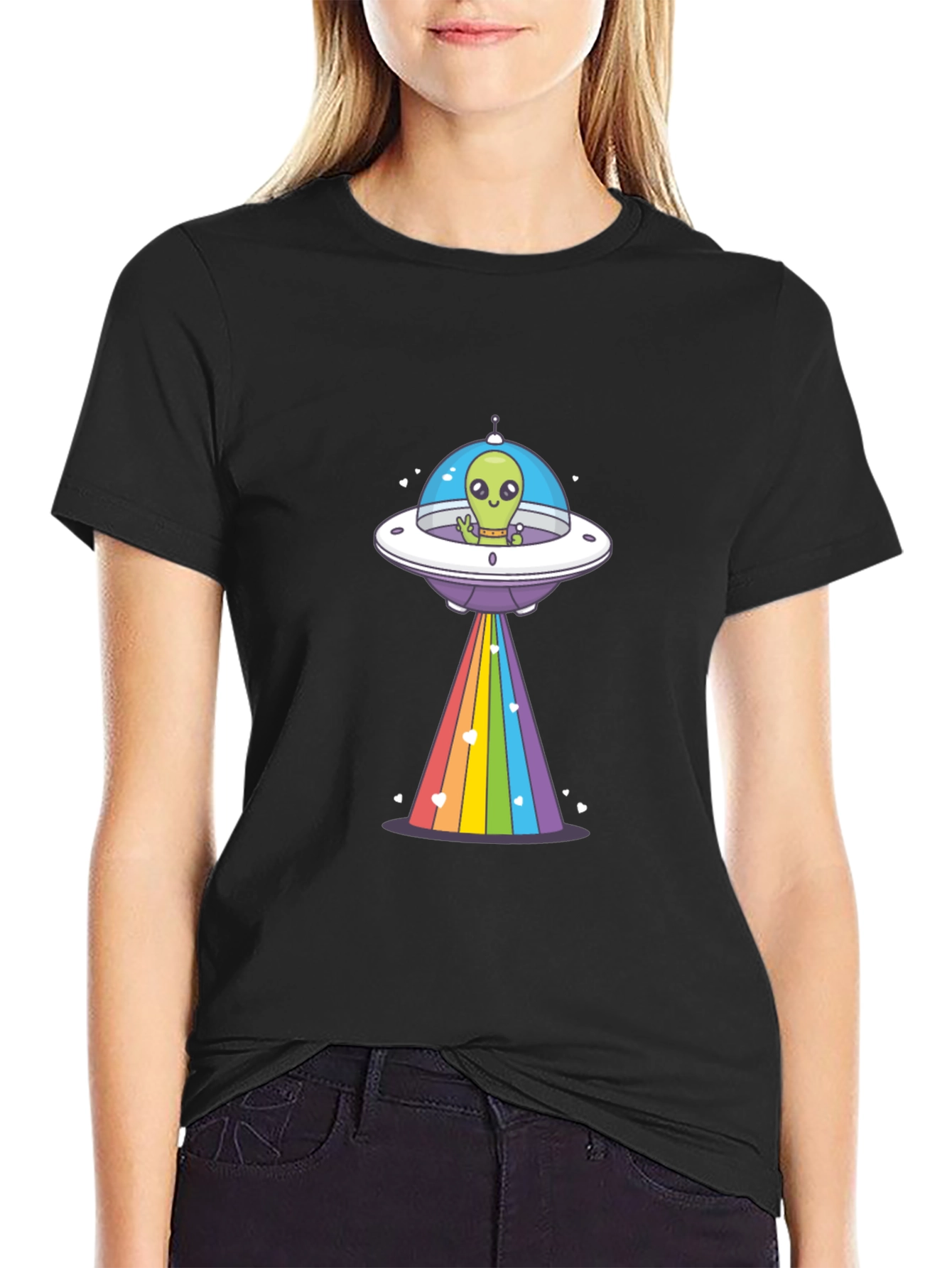 Alien UFO Rainbow Beam Graphic T-Shirt