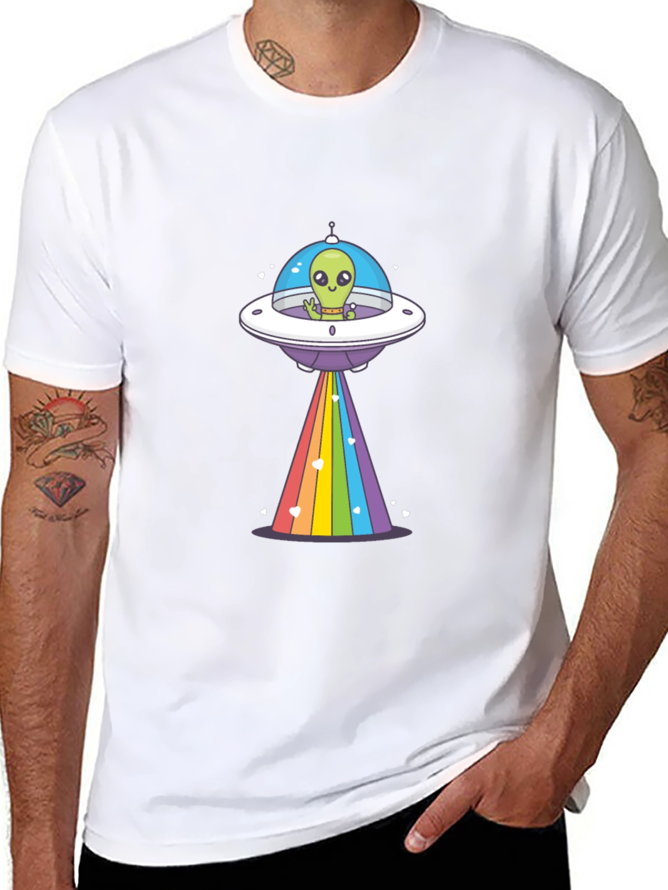Alien UFO Rainbow Beam Graphic T-Shirt