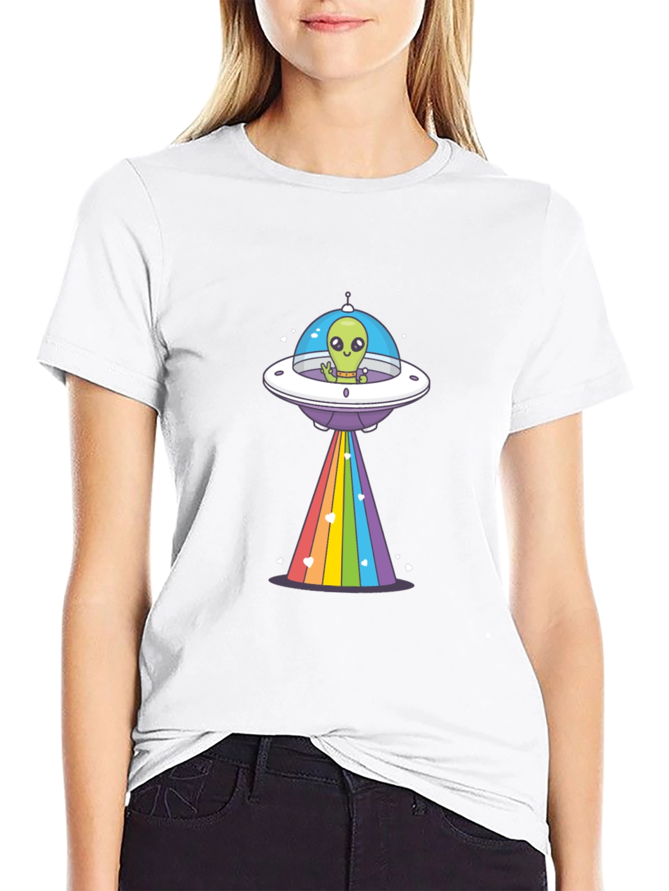 Alien UFO Rainbow Beam Graphic T-Shirt