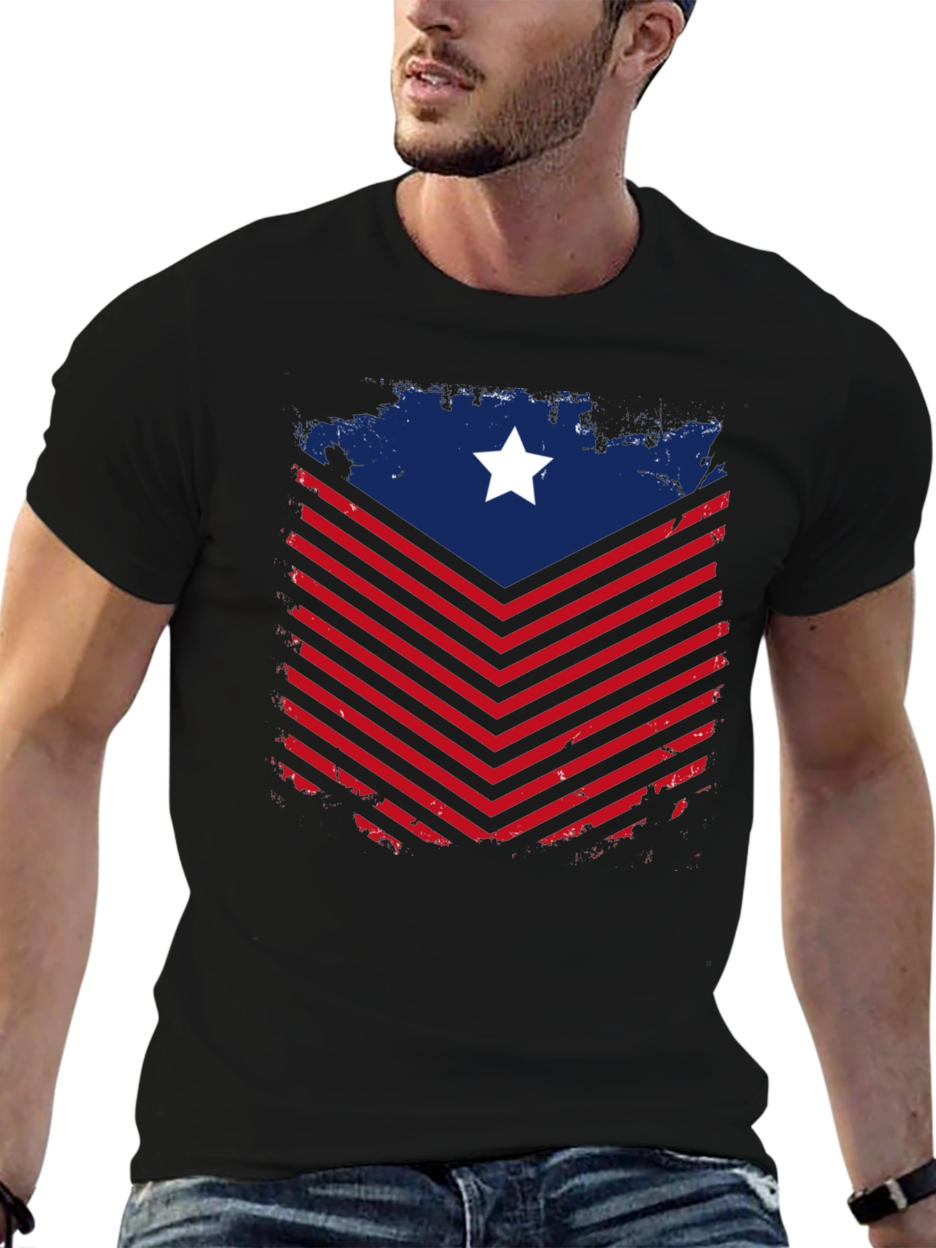 Patriotic Chevron Star Graphic Tee - Mens Black T-Shirt