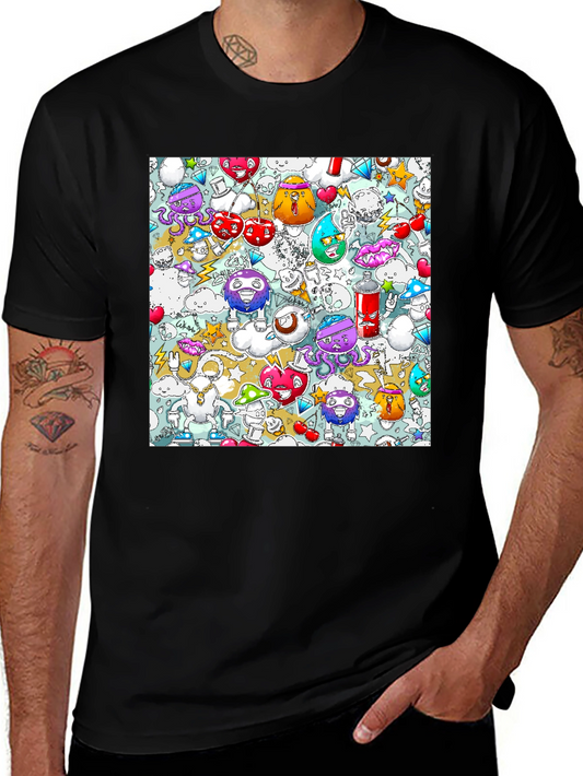 Cartoon Graffiti Print Black Cotton T-Shirt