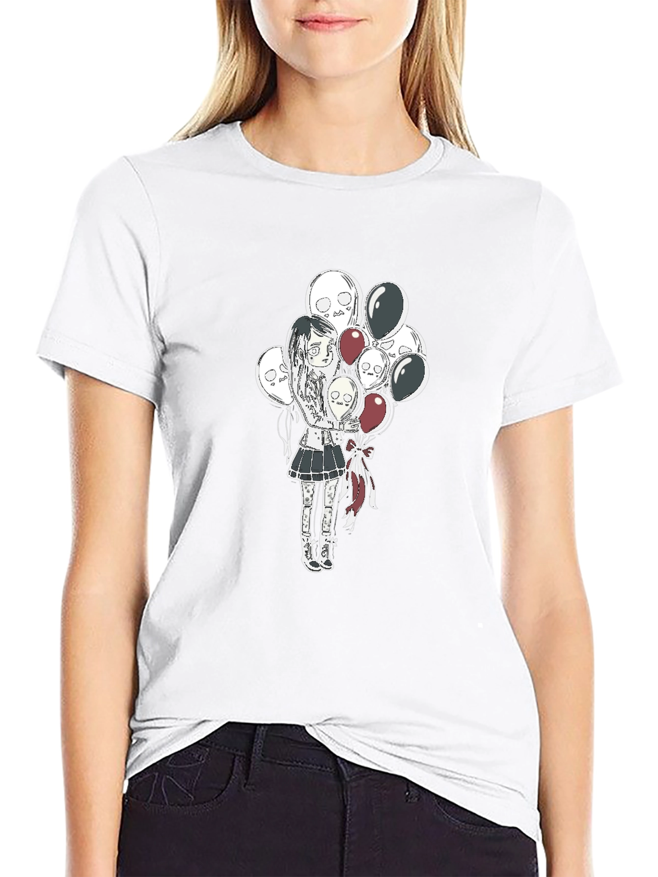 Gothic Girl with Skull Balloons Black T-Shirt