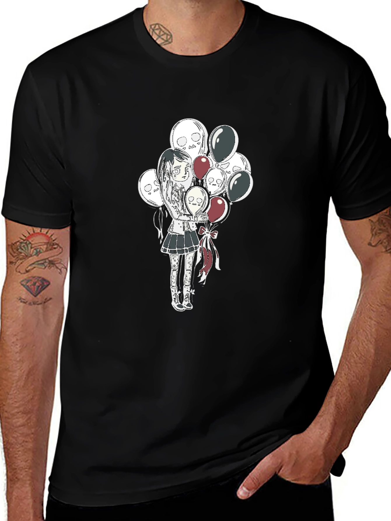 Gothic Girl with Skull Balloons Black T-Shirt