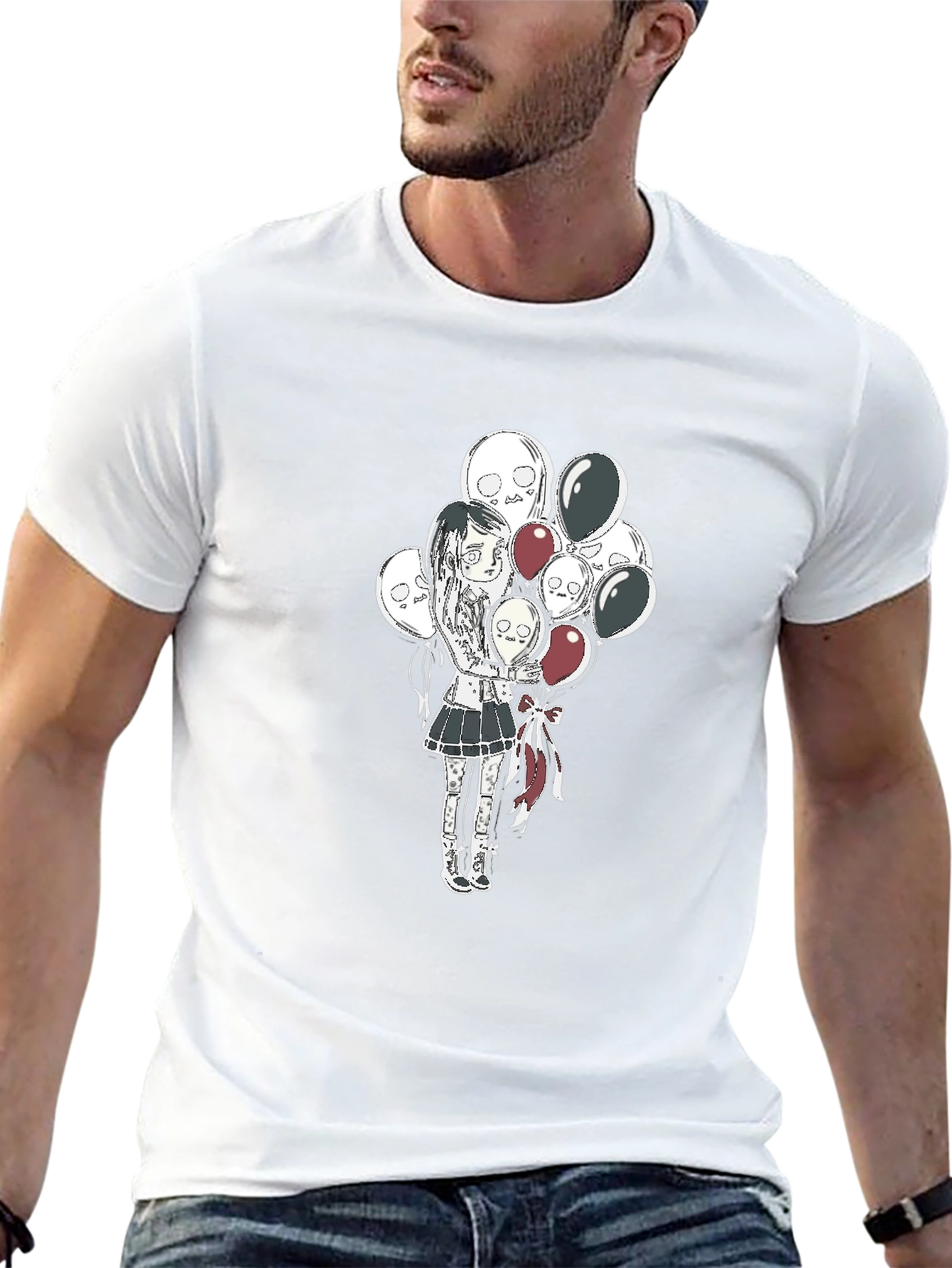 Gothic Girl with Skull Balloons Black T-Shirt