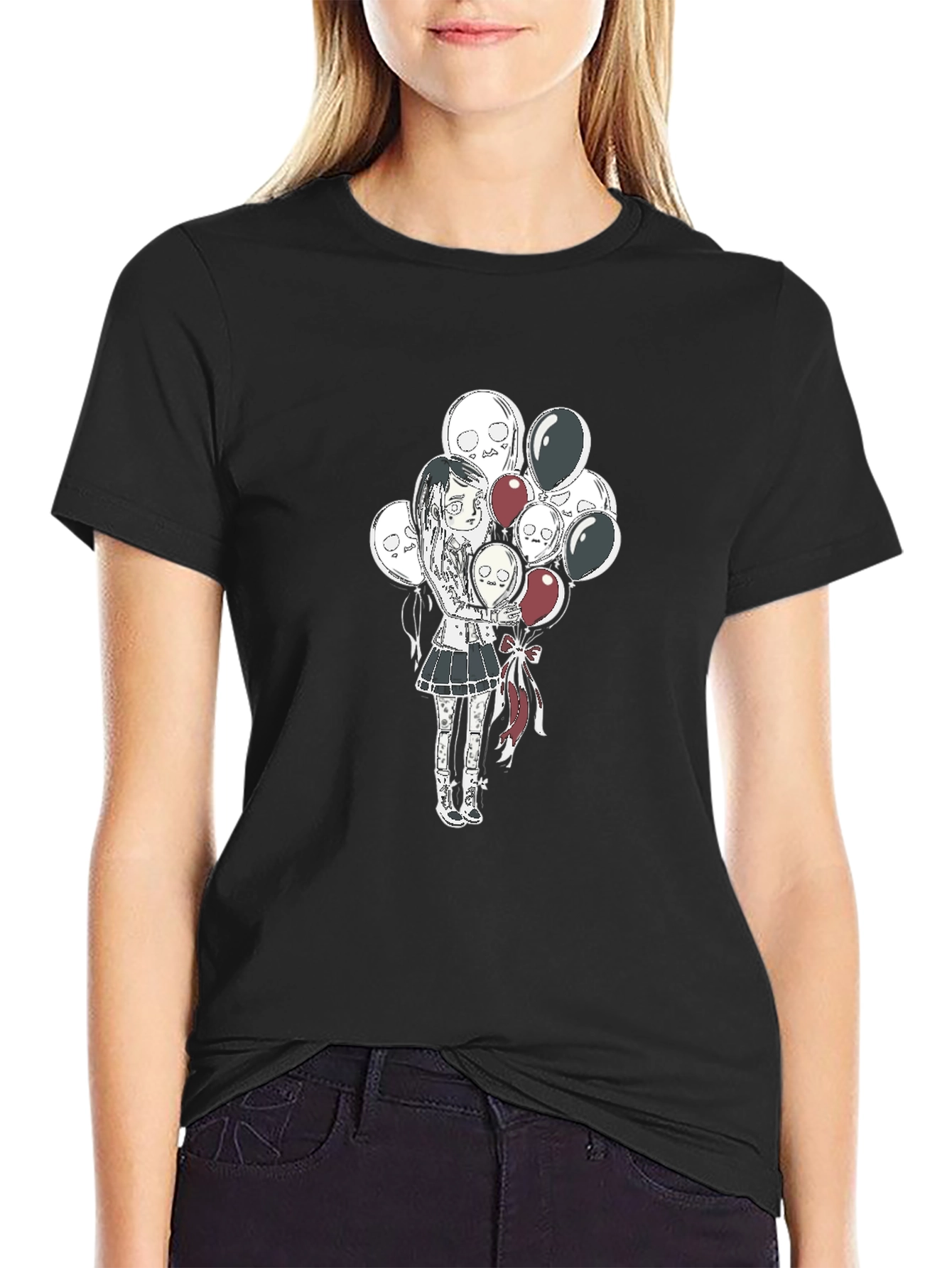 Gothic Girl with Skull Balloons Black T-Shirt