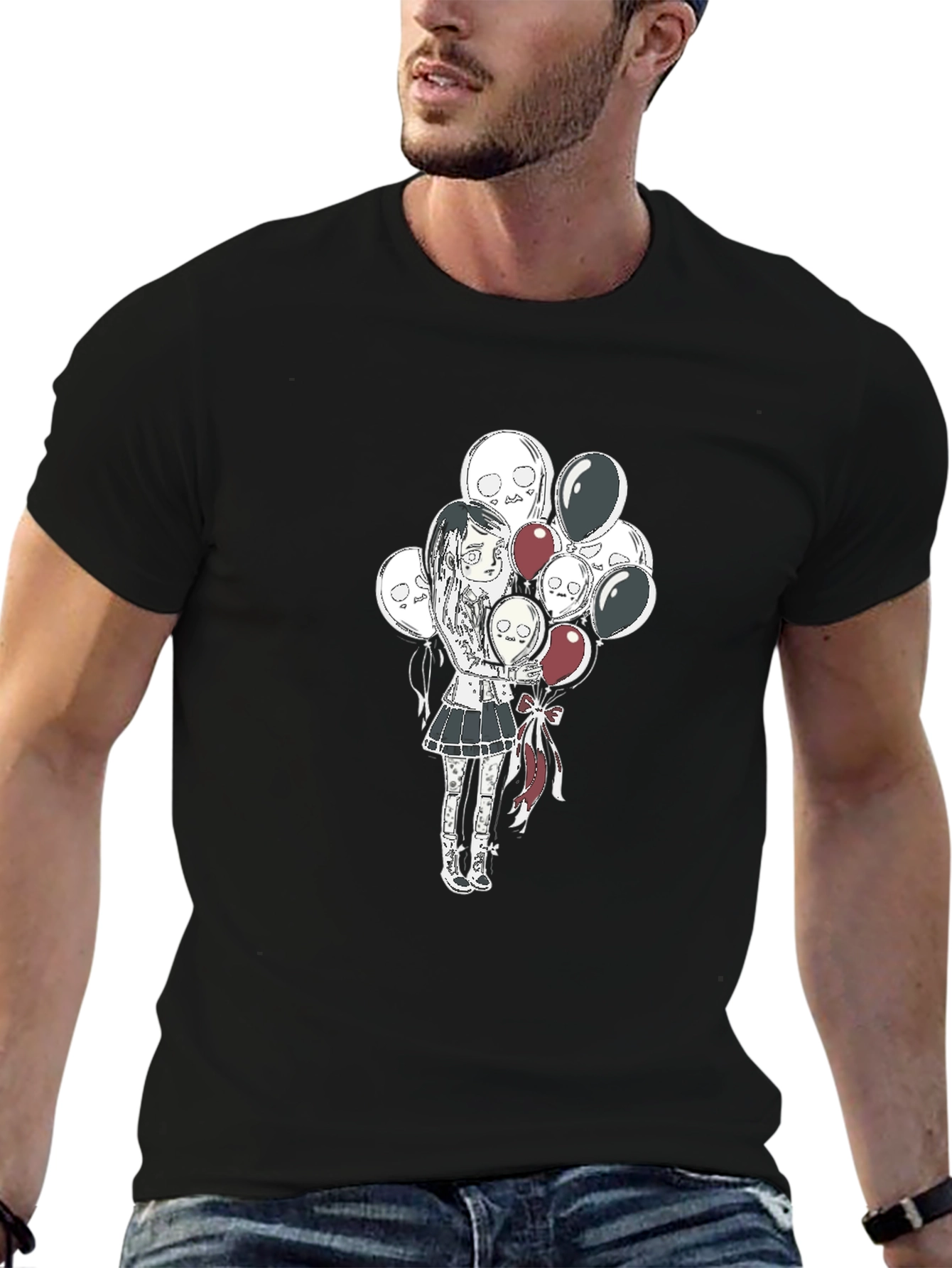 Gothic Girl with Skull Balloons Black T-Shirt
