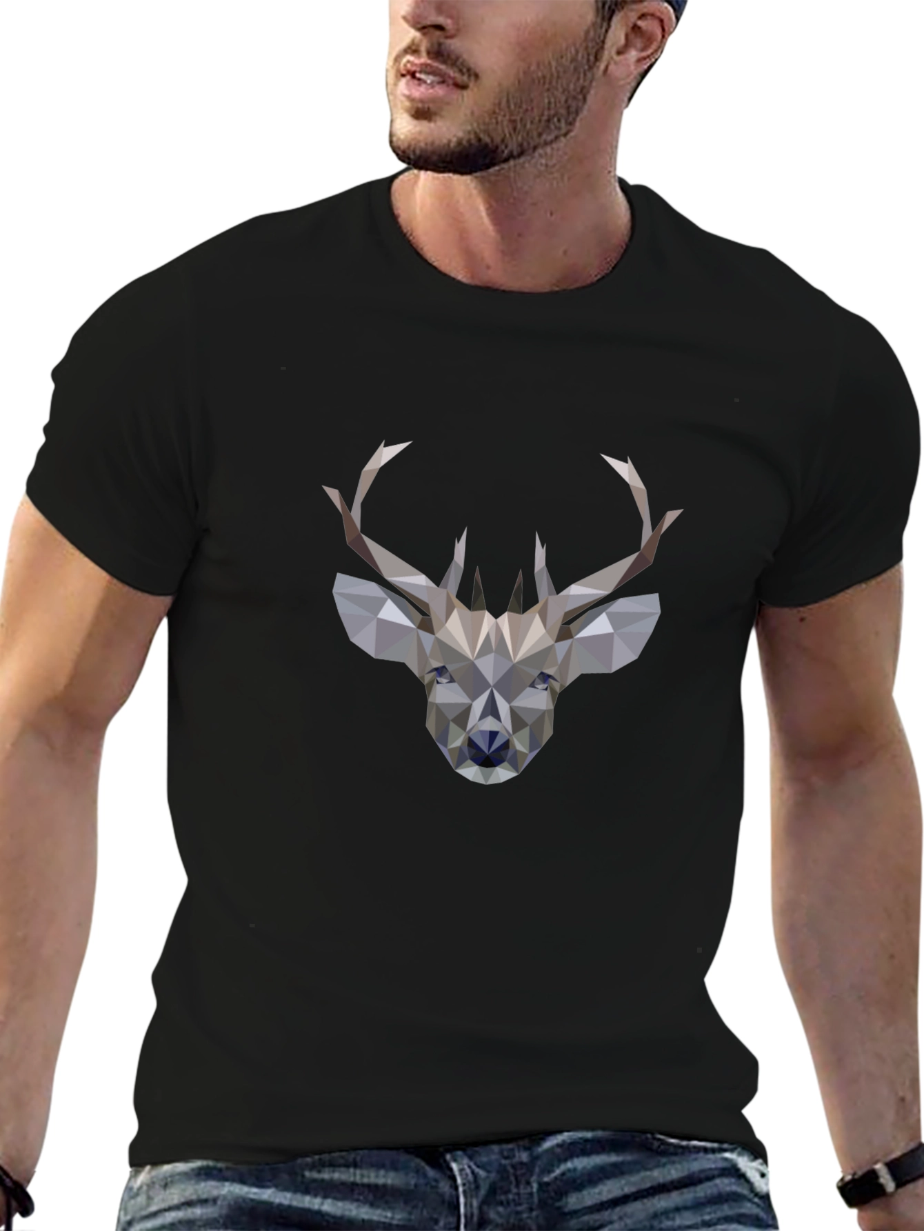 Geometric Deer Graphic Black T-Shirt