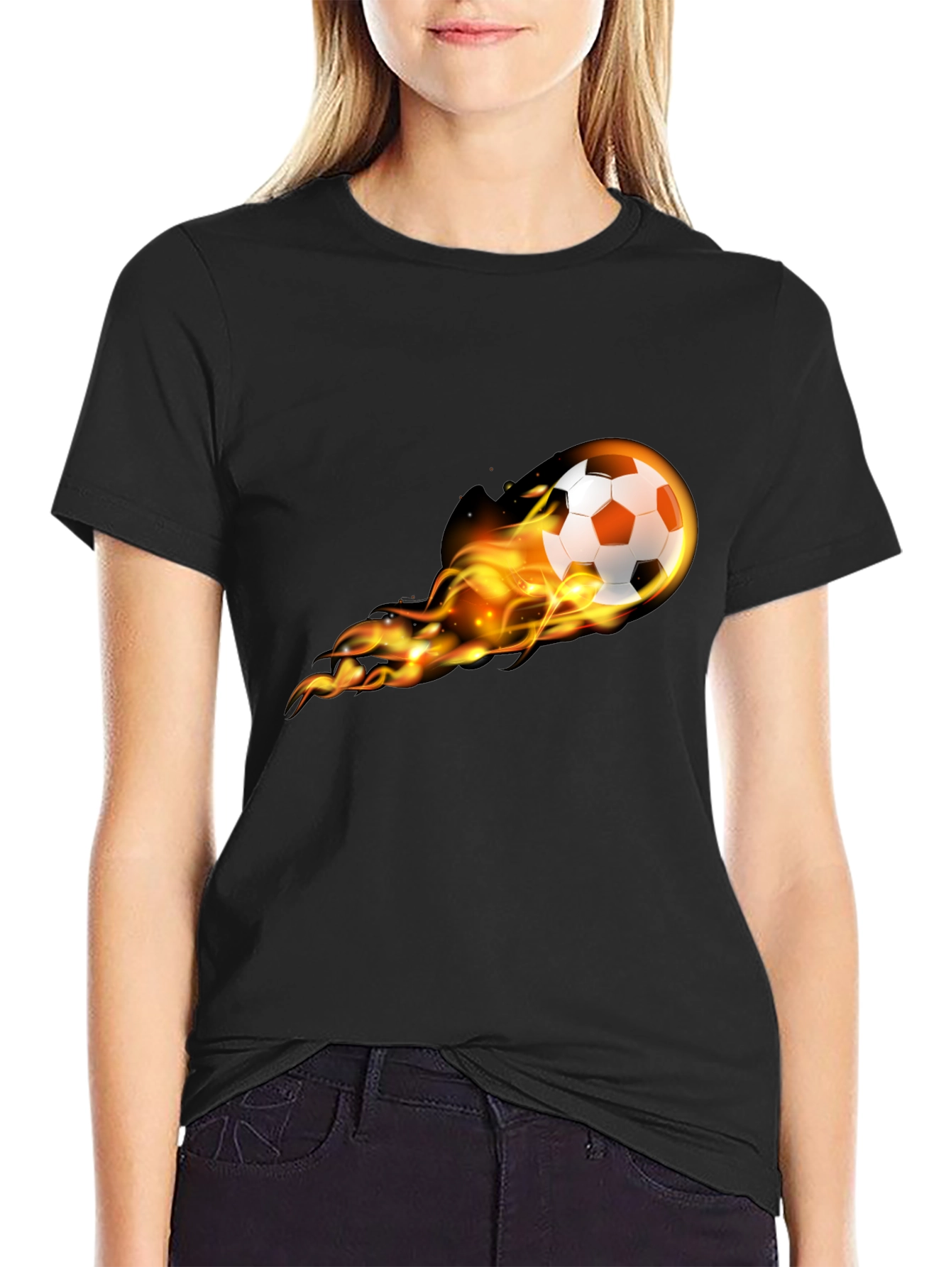 Flaming Soccer Ball Graphic Tee - Black Cotton T-Shirt
