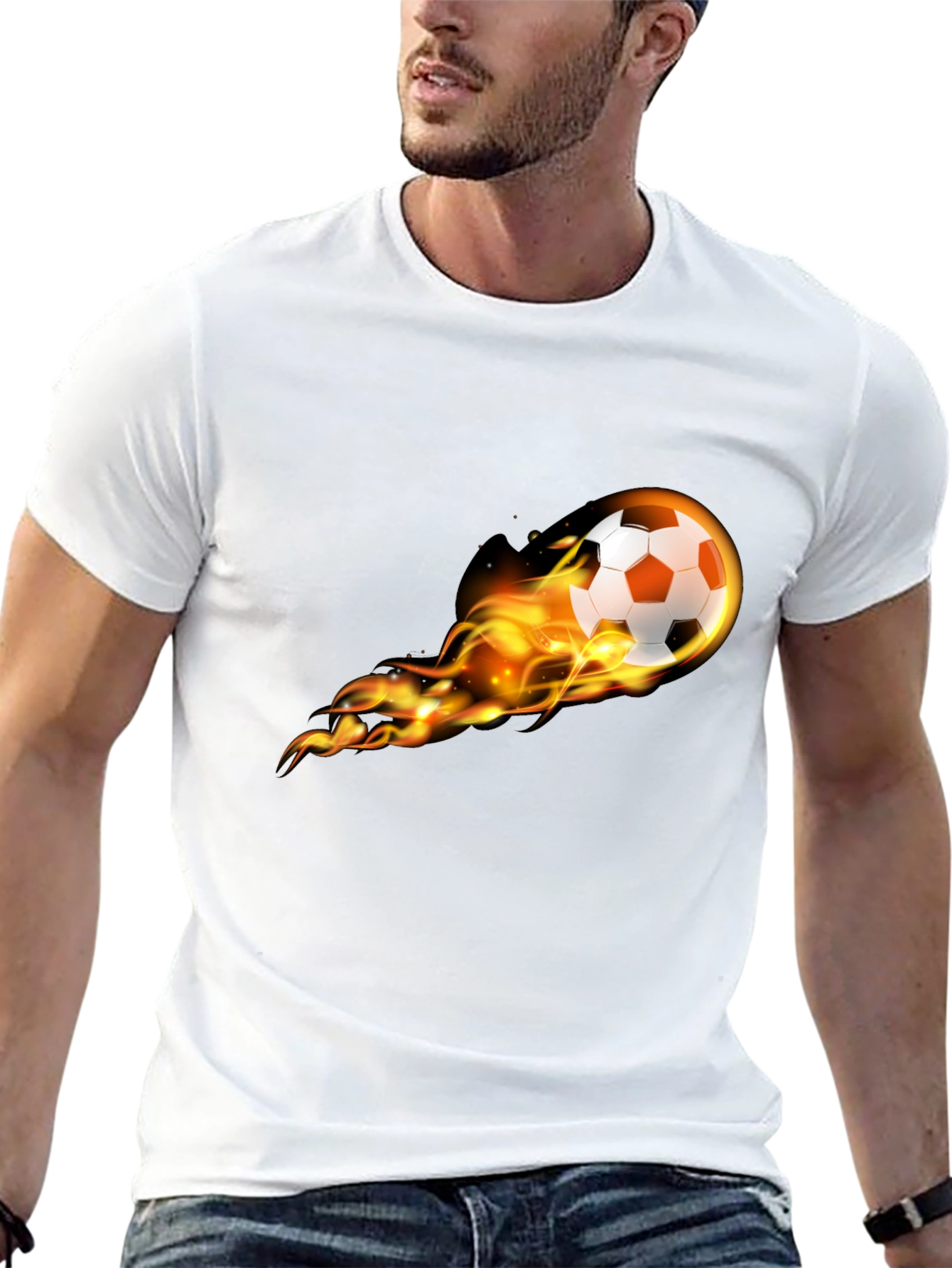 Flaming Soccer Ball Graphic Tee - Black Cotton T-Shirt