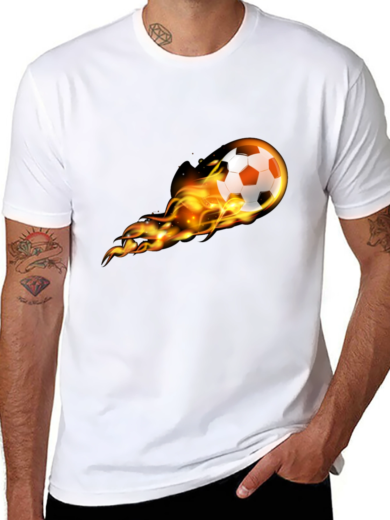 Flaming Soccer Ball Graphic Tee - Black Cotton T-Shirt