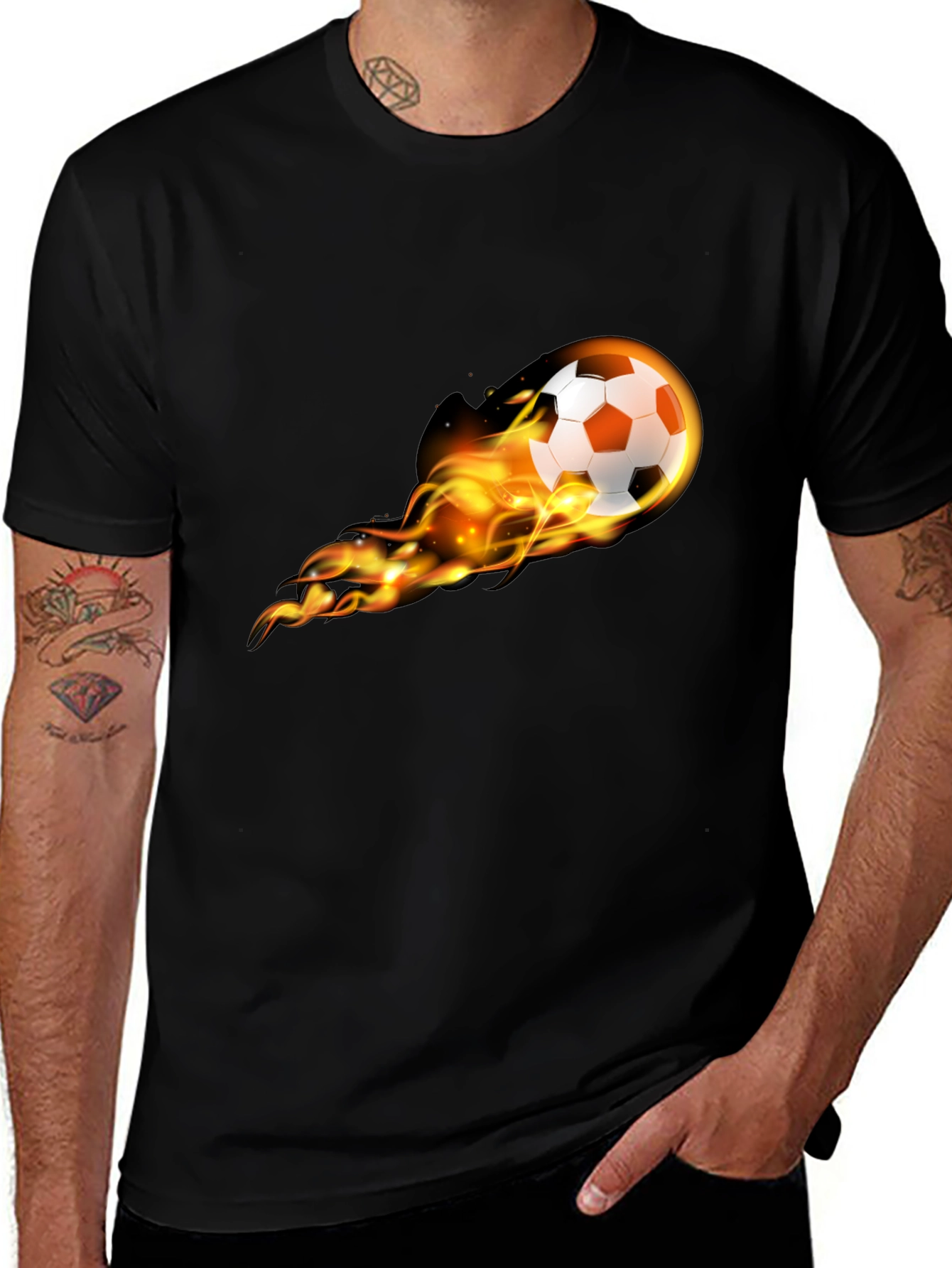 Flaming Soccer Ball Graphic Tee - Black Cotton T-Shirt