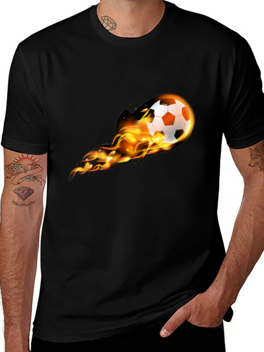 Flaming Soccer Ball Graphic Tee - Black Cotton T-Shirt