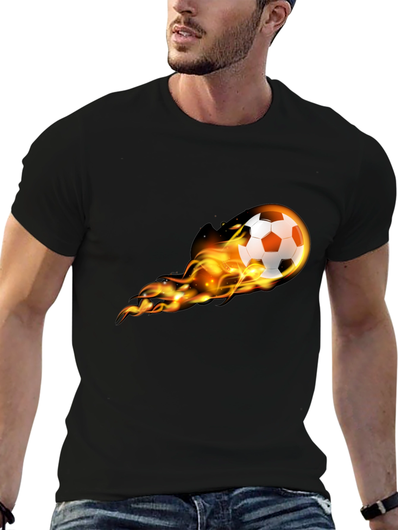 Flaming Soccer Ball Graphic Tee - Black Cotton T-Shirt