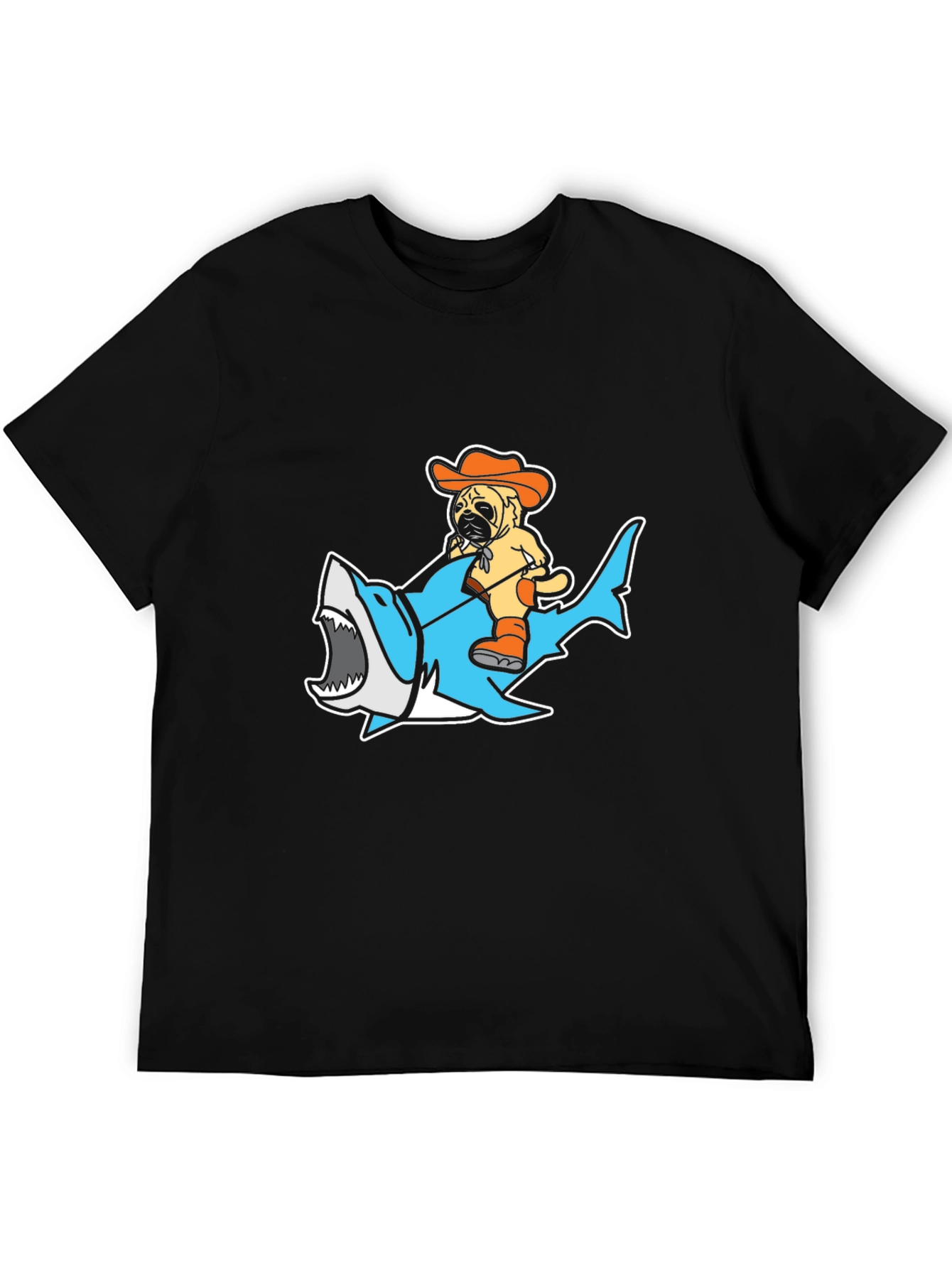 Pug Riding Shark Graphic T-Shirt - Black