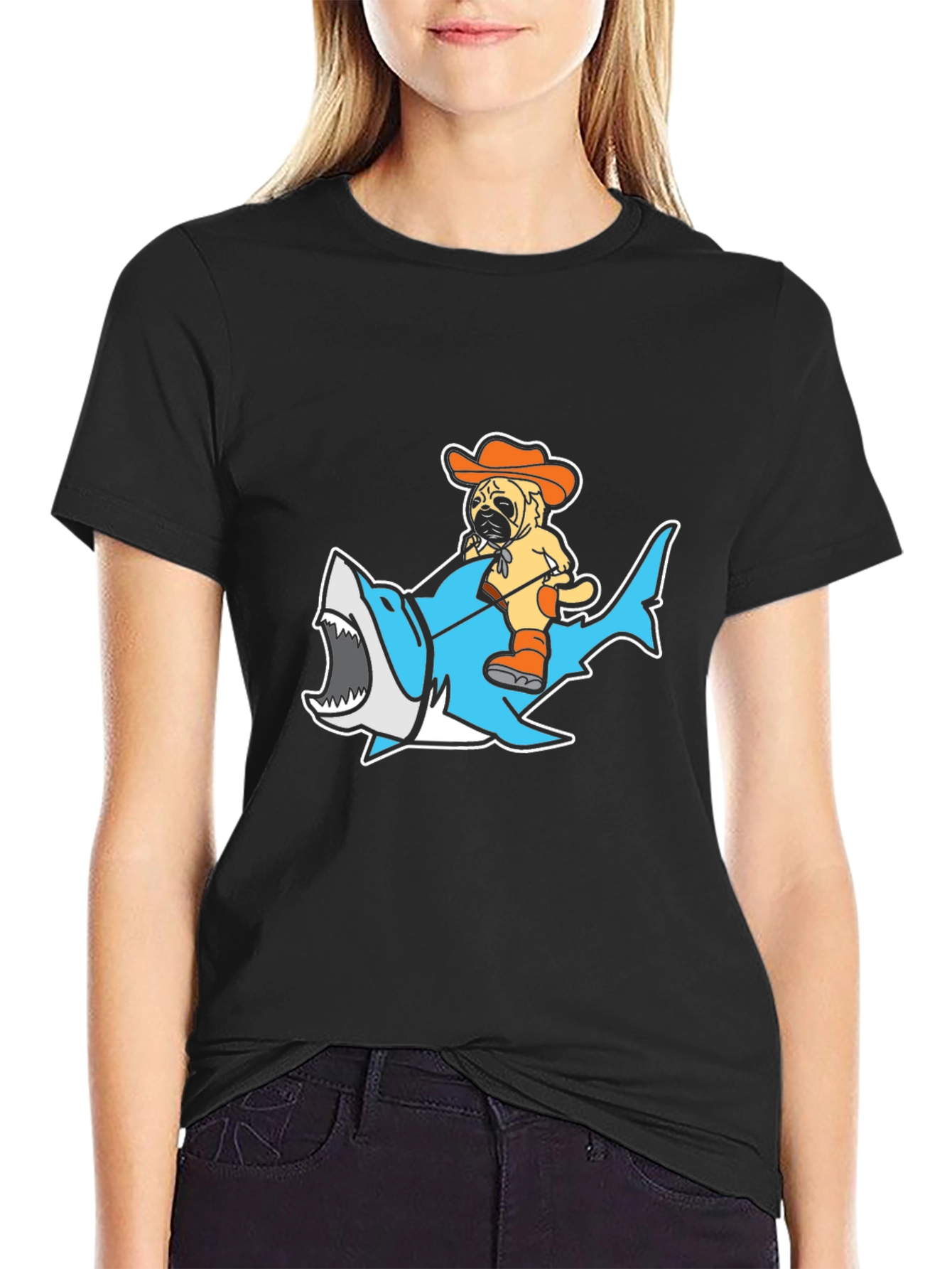 Pug Riding Shark Graphic T-Shirt - Black