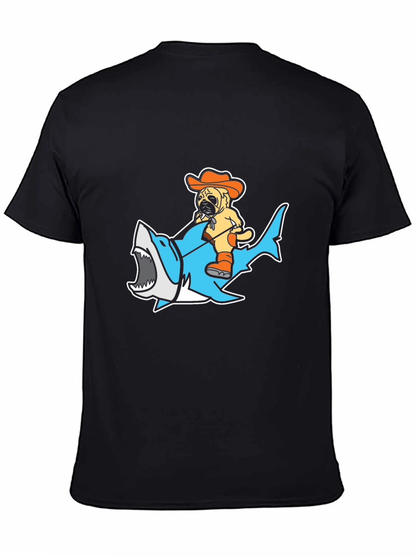 Pug Riding Shark Graphic T-Shirt - Black