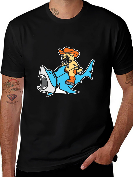 Pug Riding Shark Graphic T-Shirt - Black