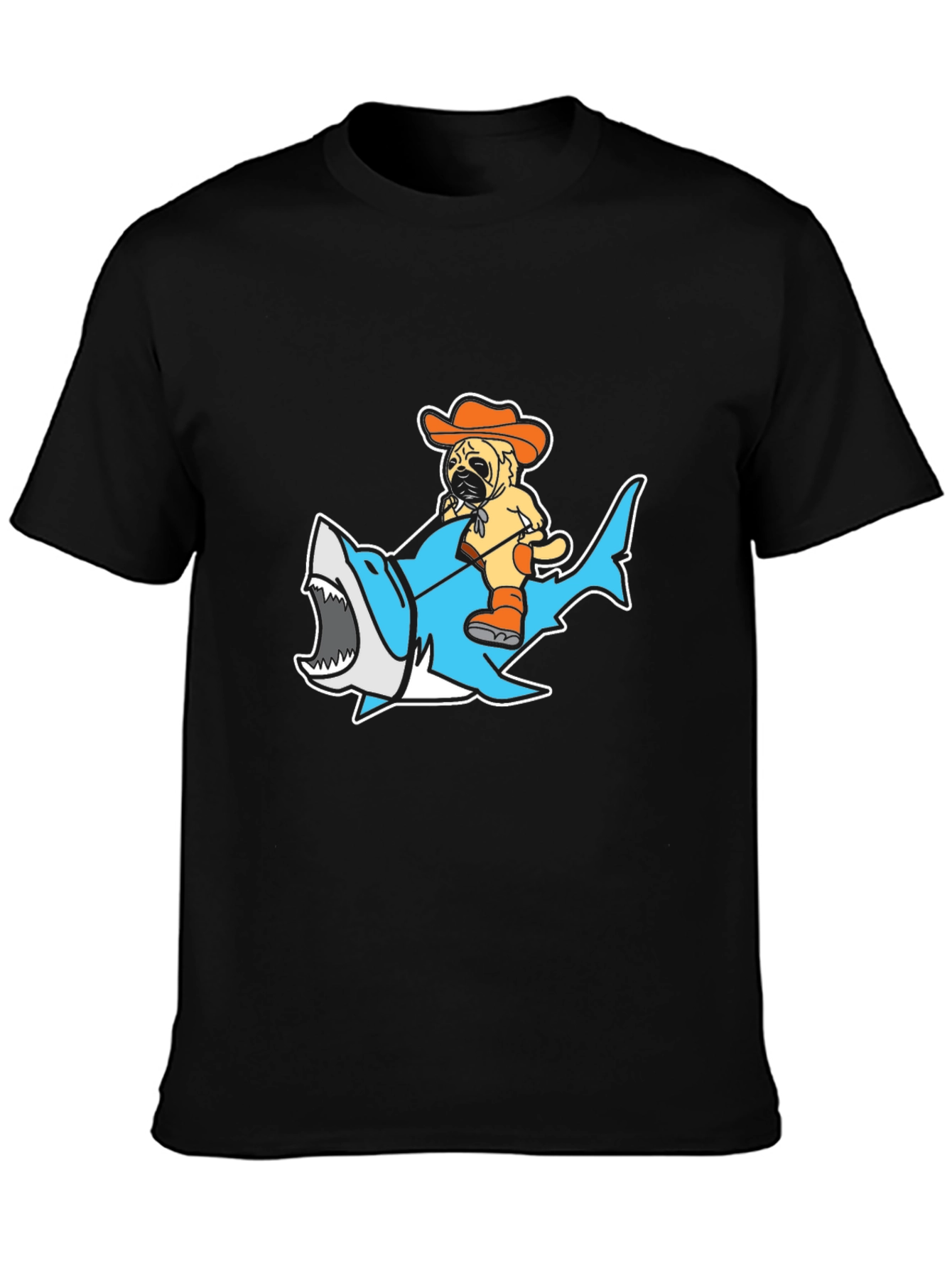 Pug Riding Shark Graphic T-Shirt - Black